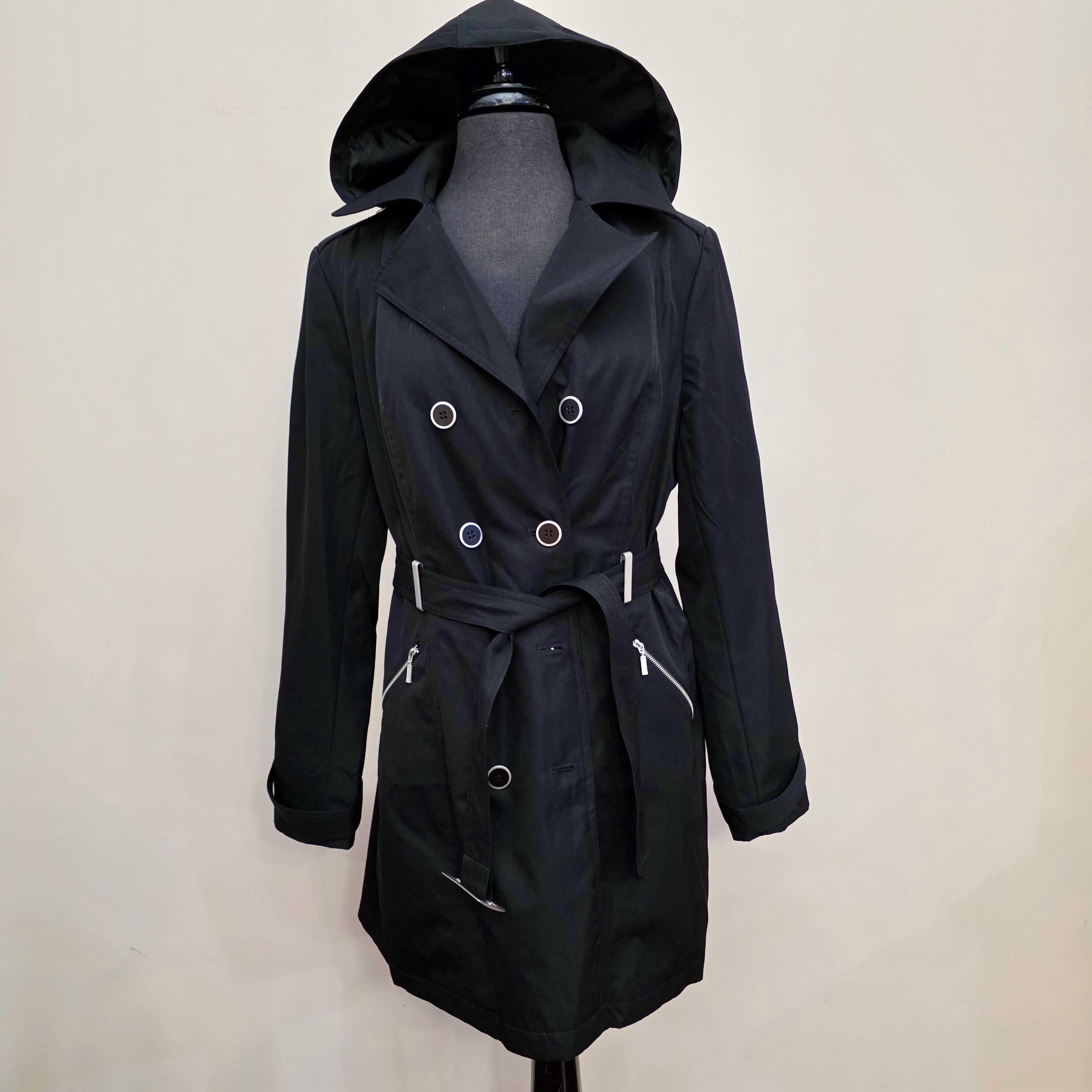Roz & Ali Women’s Black Hooded Trench Coat Large - photo 3