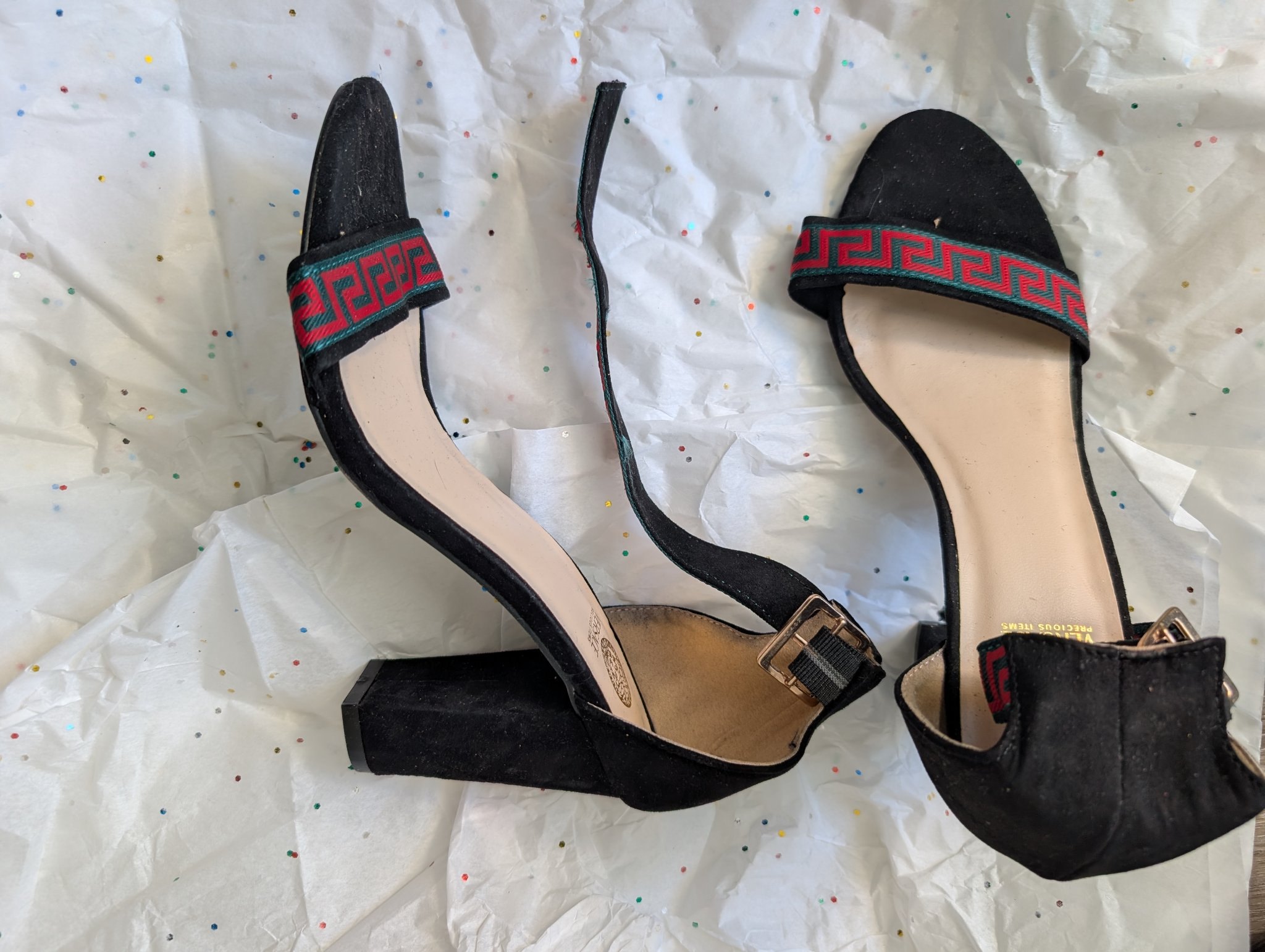 Black Heeled Sandals with Greek-Key Strap