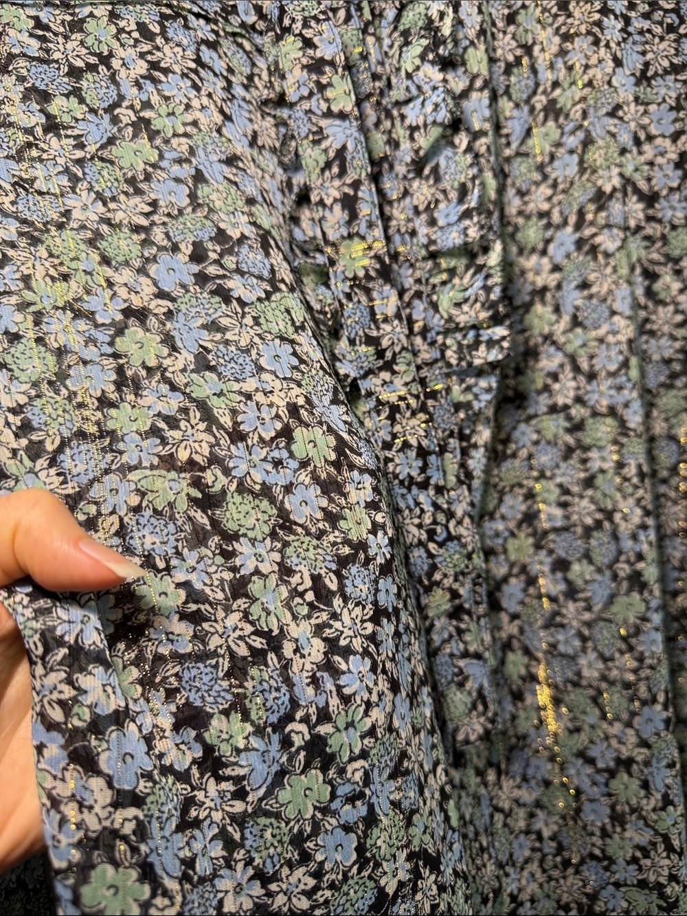 Maje Black Sheer Floral Tie-Neck Blouse with Light Blue Print - photo 2