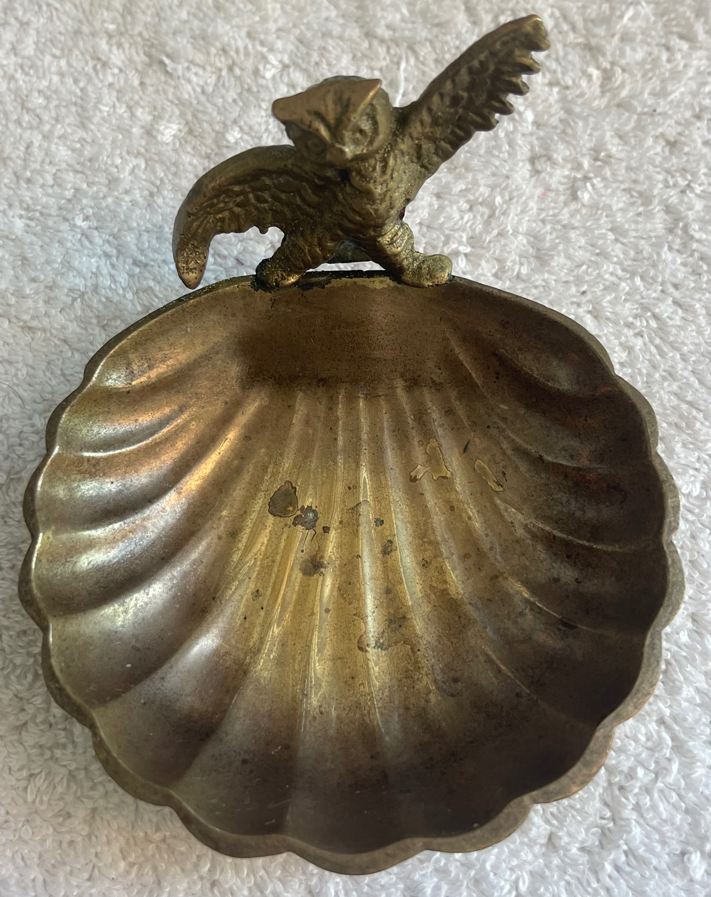 Vintage Brass Owl Scallop Shell Trinket Dish - photo 2