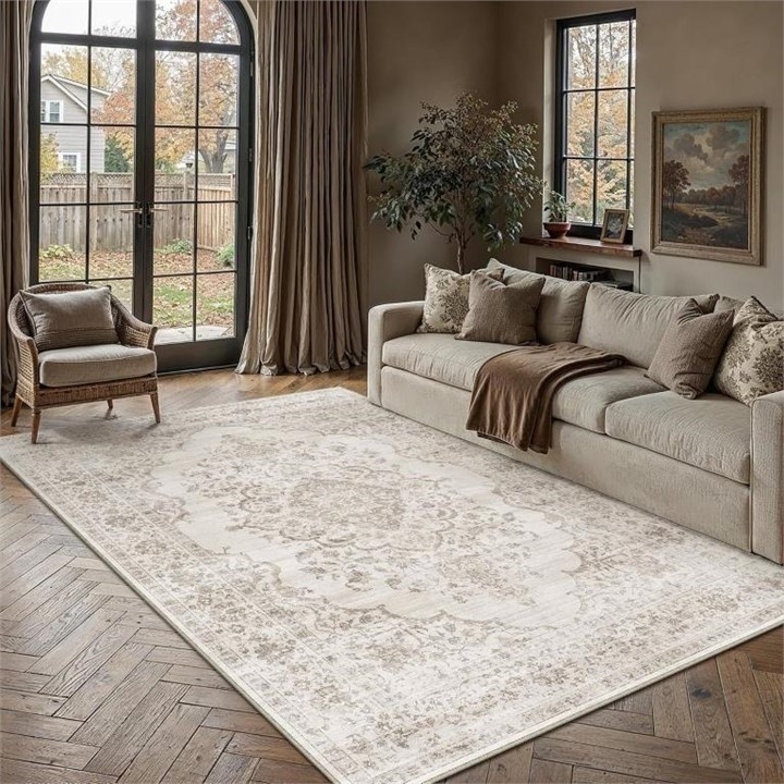 New - 6x9 Washable Area Rug / Carpet - Taupe Vintage