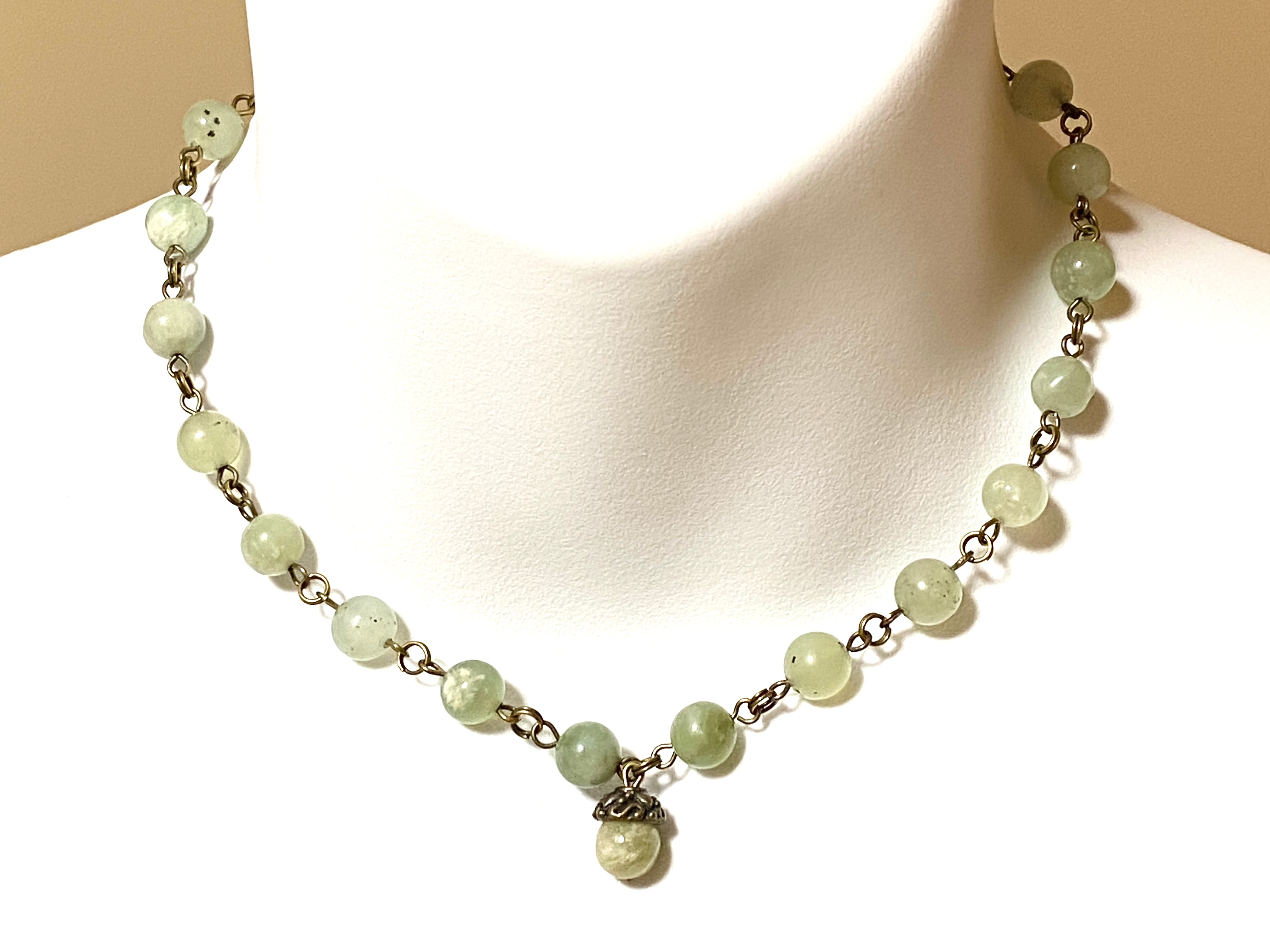 Mint Green Serpentine Short Necklace, Cute Bronze Acorn Pendant - photo 2