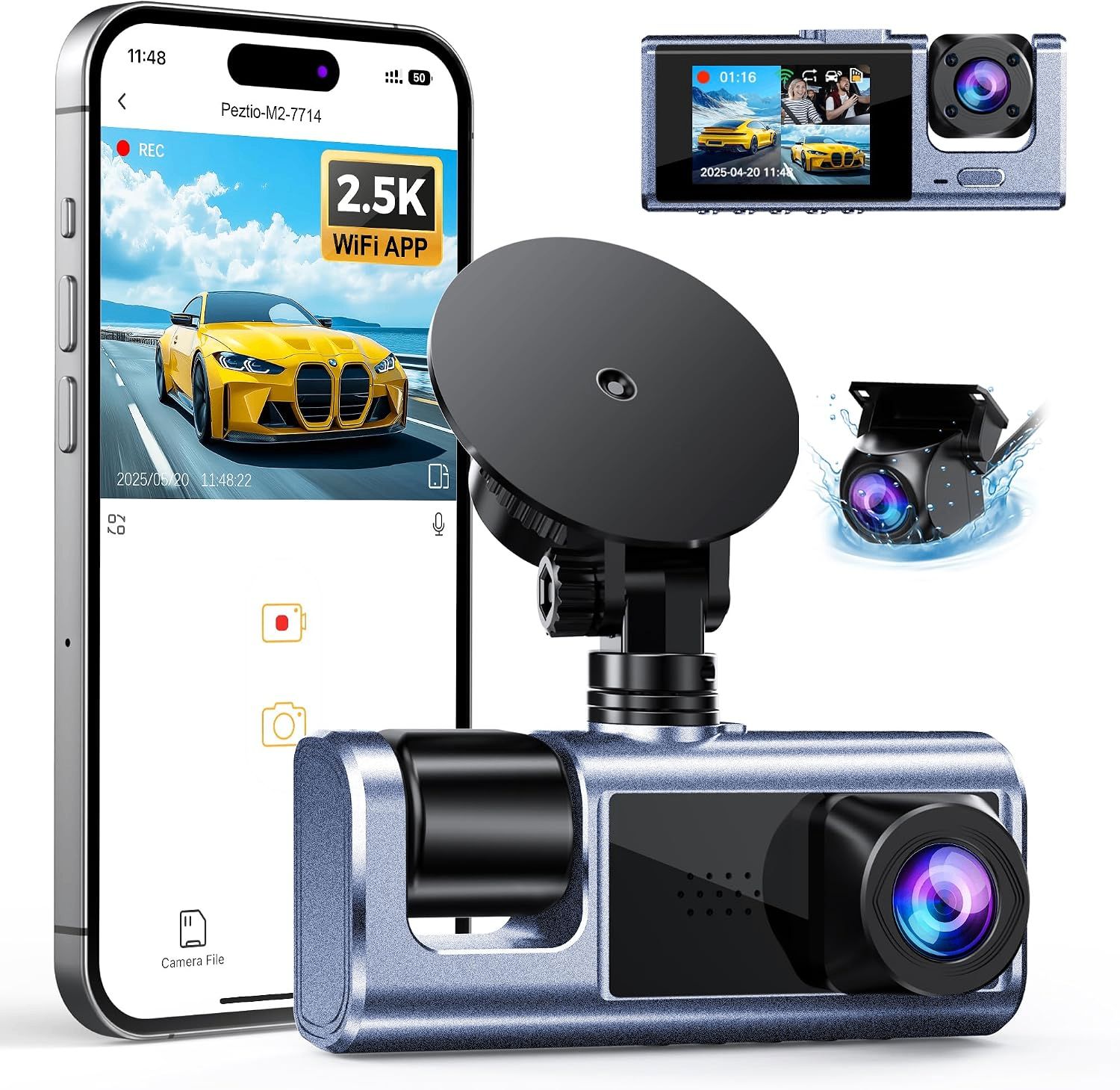 3 Channel Dash Cam Front Rear Inside 2.5K WiFi Glacier Silver