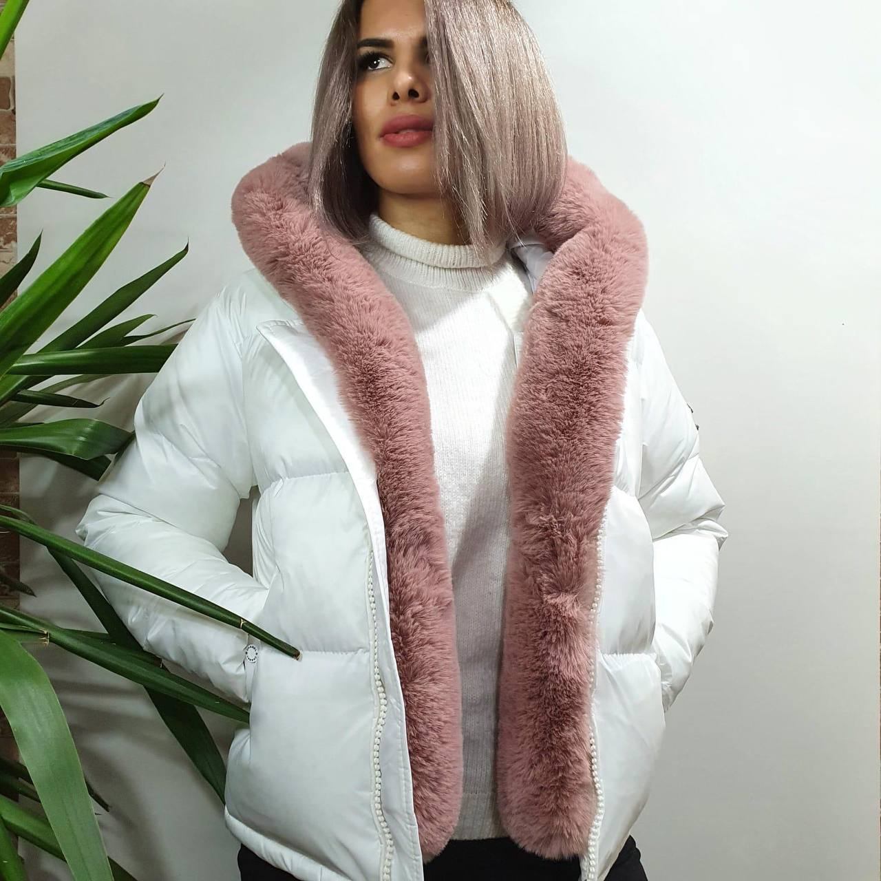 Chanel White Hooded Puffer Jacket Pink Fur Trim Size L