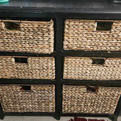 Black Wooden Storage Unit with 6 Woven Baskets