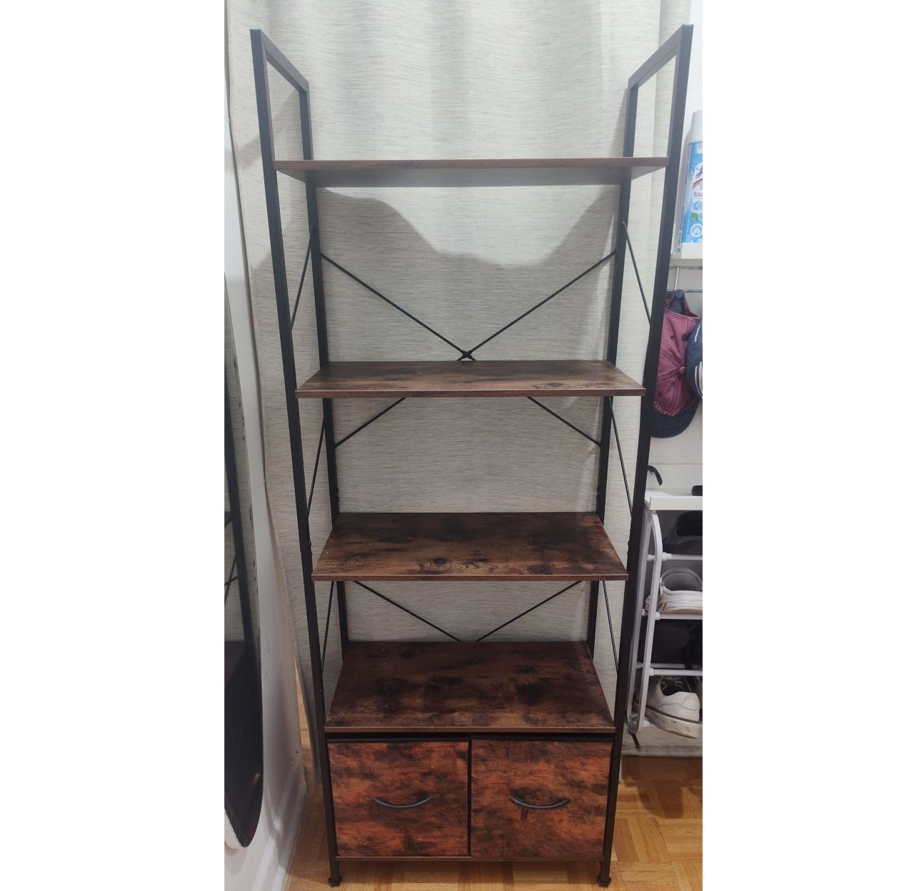 IdealHouse Industrial 5 Tier Tall Bookshelf with Fabric Drawer