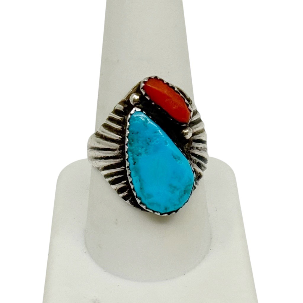 Navajo sterling silver turquoise & coral ring