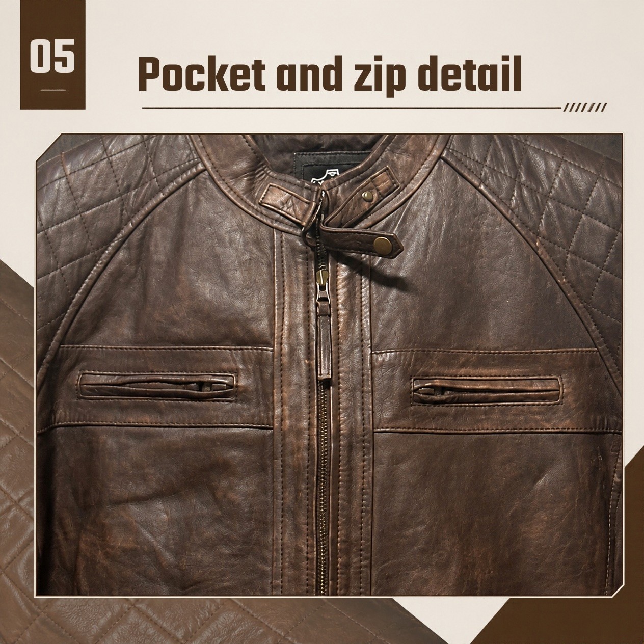 JKT-041 — Men's brown quilted leather moto — brand new, size 2XL - photo 4