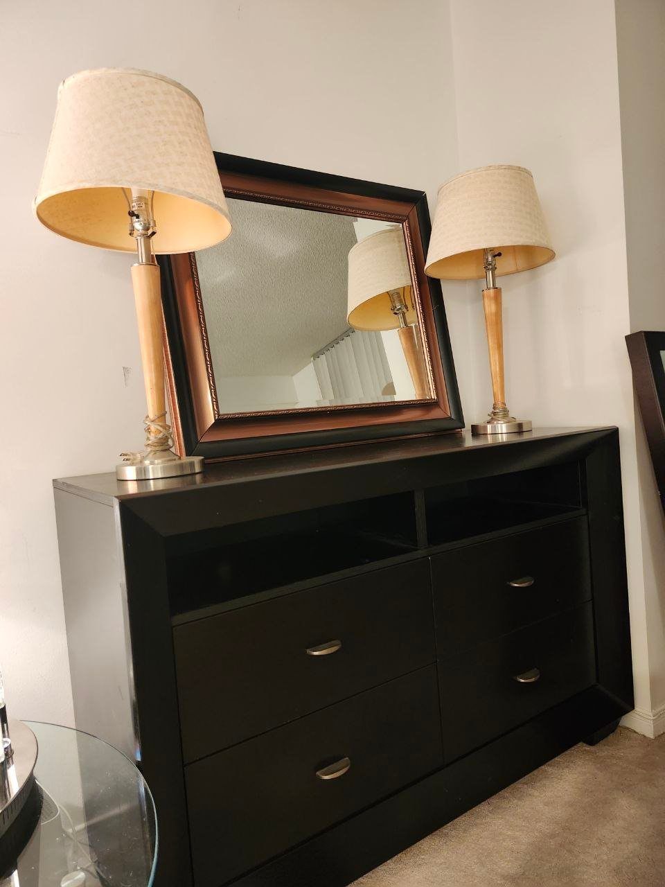 Black Dresser with Mirror – 4 Drawers & Shelves
