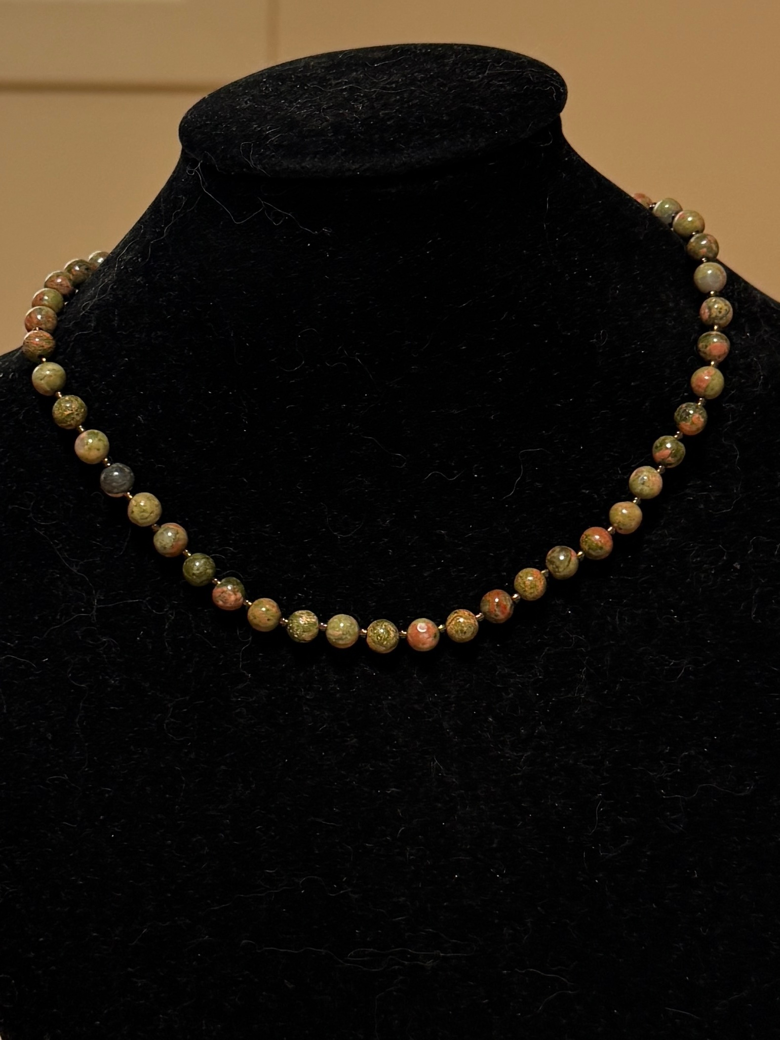 Green Unakite Short Necklace, Genuine Gemstone Beaded Necklace - photo 3