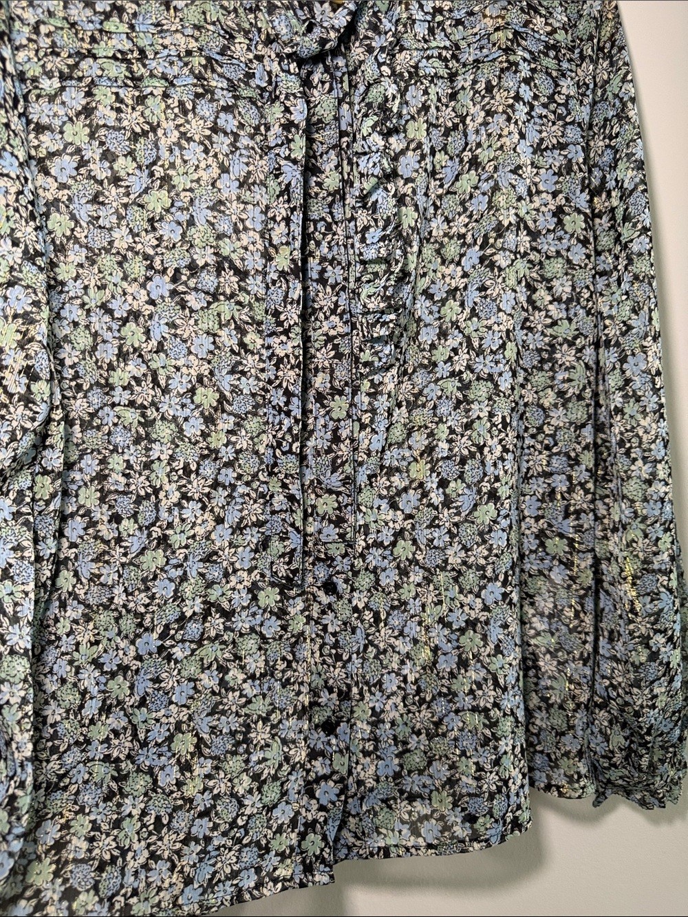 Maje Black Sheer Floral Tie-Neck Blouse with Light Blue Print - photo 5