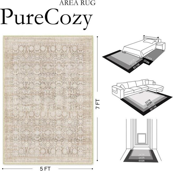 New - 6x9 Washable Area Rug / Carpet - Beige Vintage Floral - photo 2