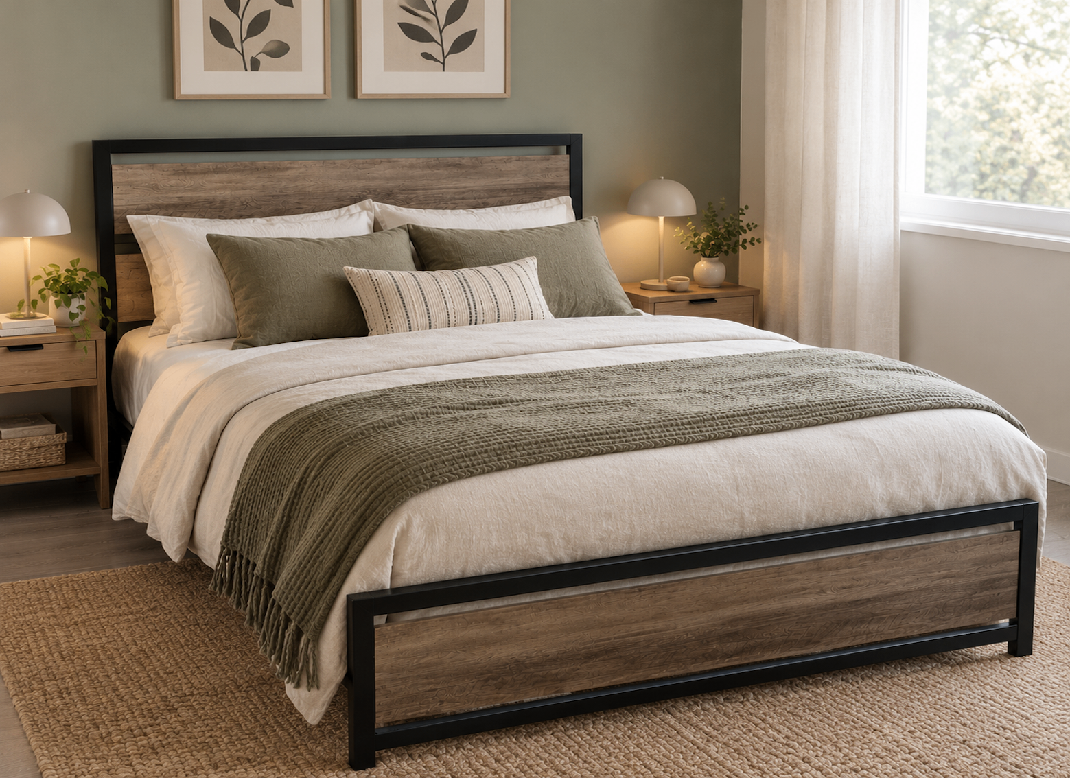 Queen Size Platform Bed Frame with Metal Frame & Wooden Boards