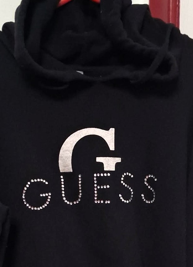 GUESS Black Hoodie Silver Foil G Rhinestone Logo Excellent Shape - photo 3