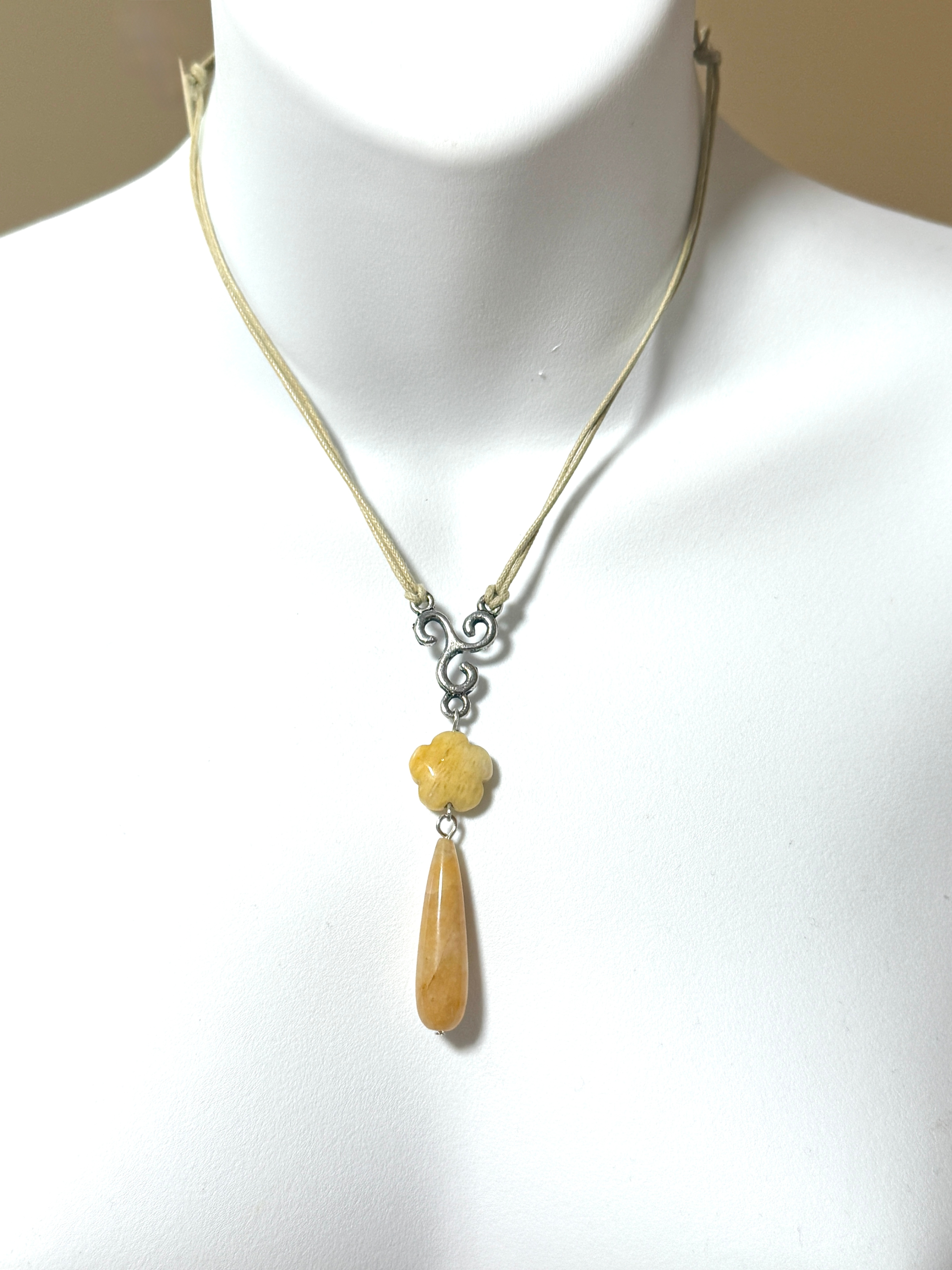 Yellow Orange Aventurine Flower Necklace, Beige Cord Necklace - photo 2