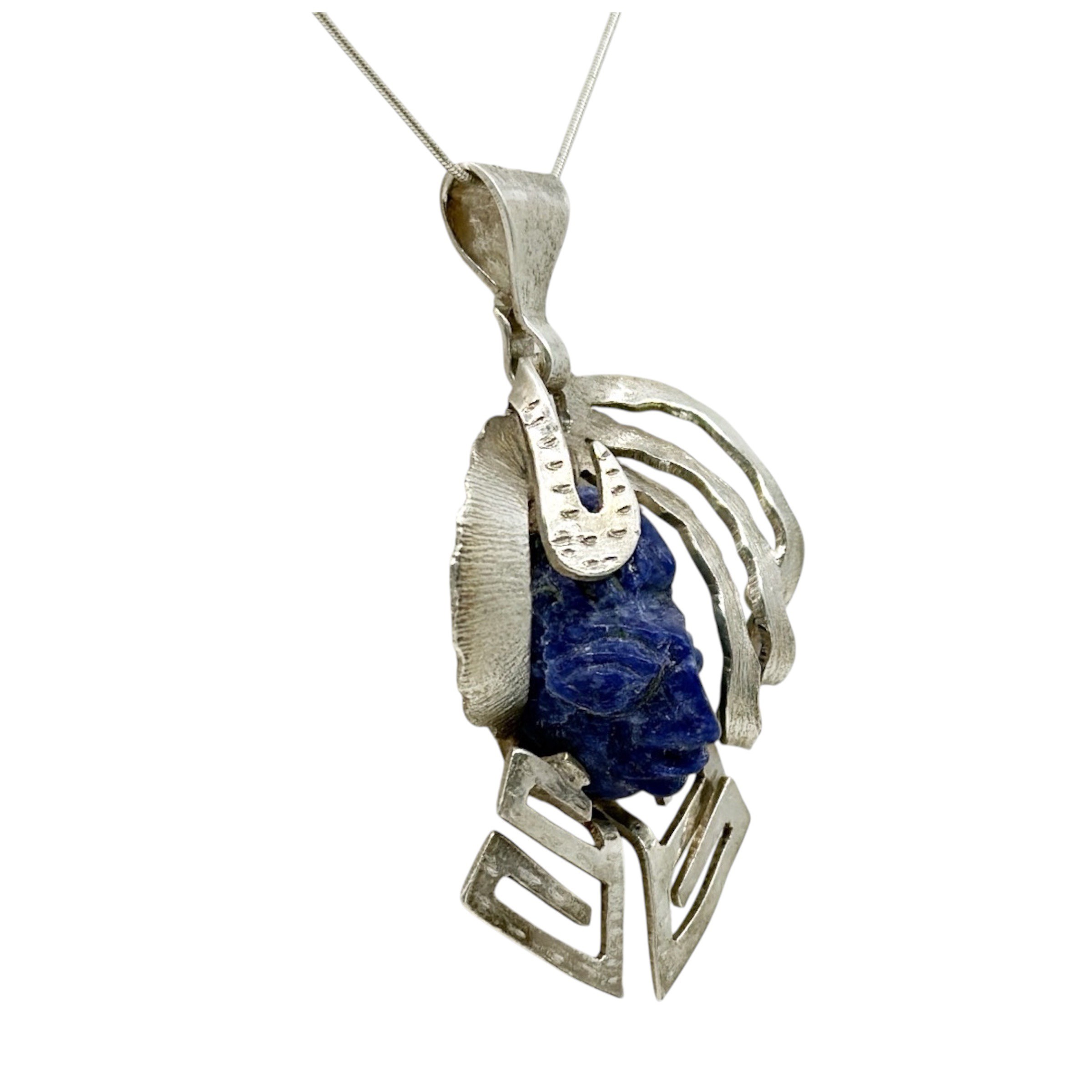 Vintage Taxco Mexico sterling silver azurite aztec mask pendant - photo 2