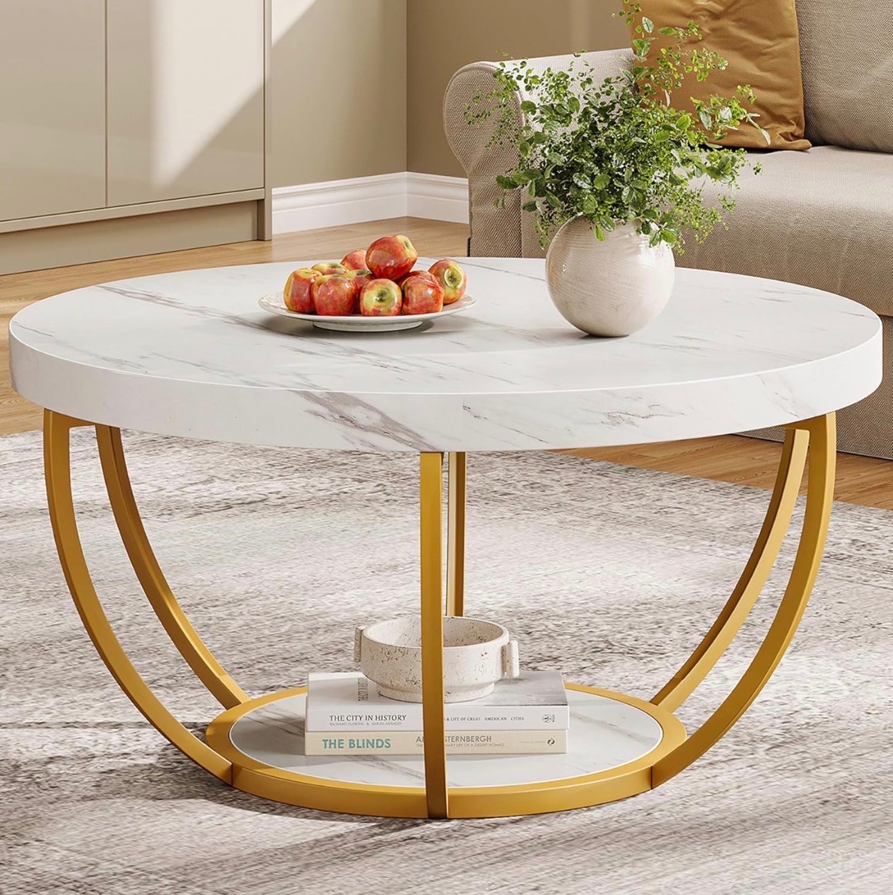 Round Faux-Marble Coffee Table – Gold Legs – Brand New - photo 2