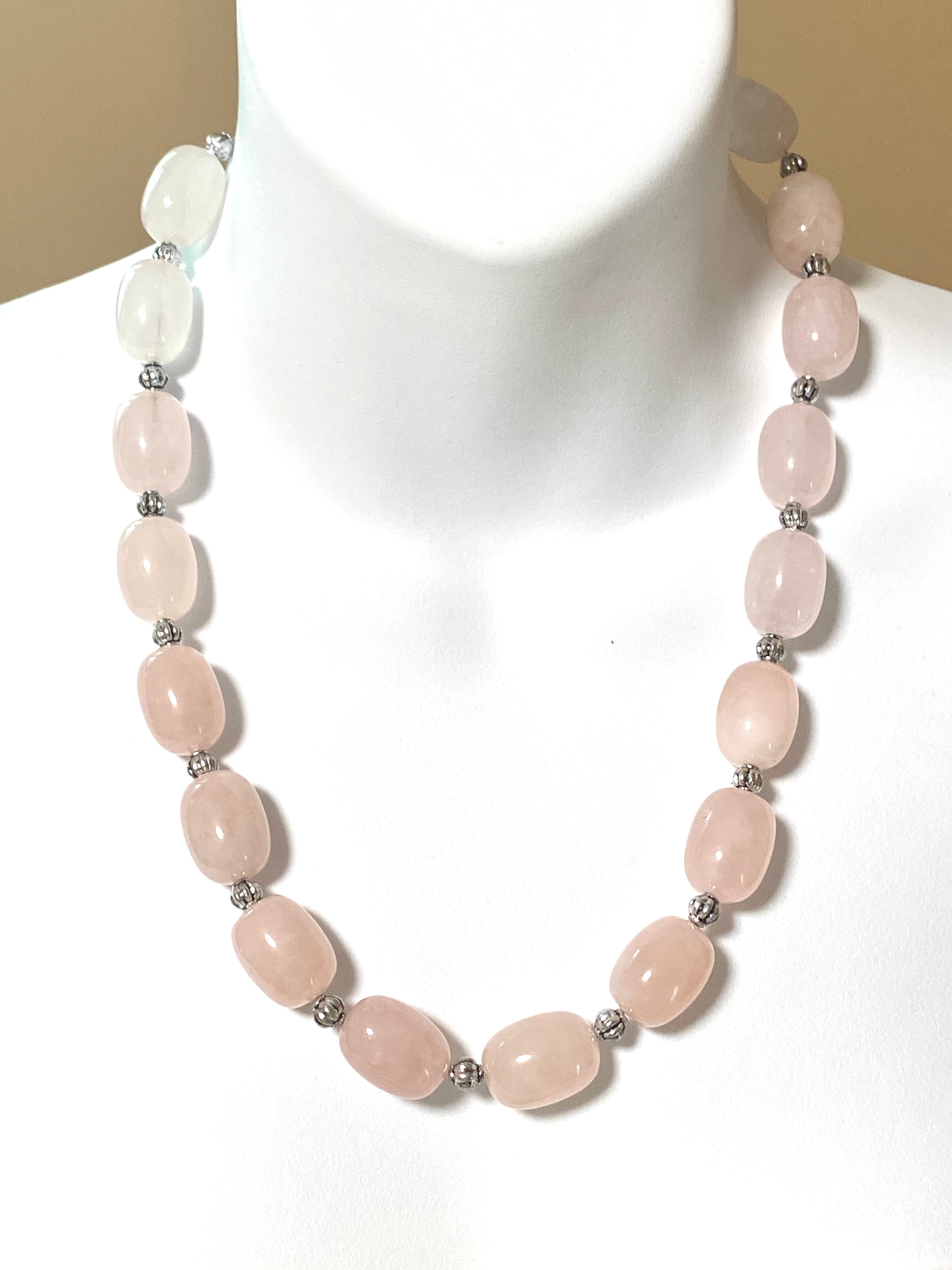 Beaded Rose Quartz Necklace, Large Gemstone Matinee Necklace - photo 2