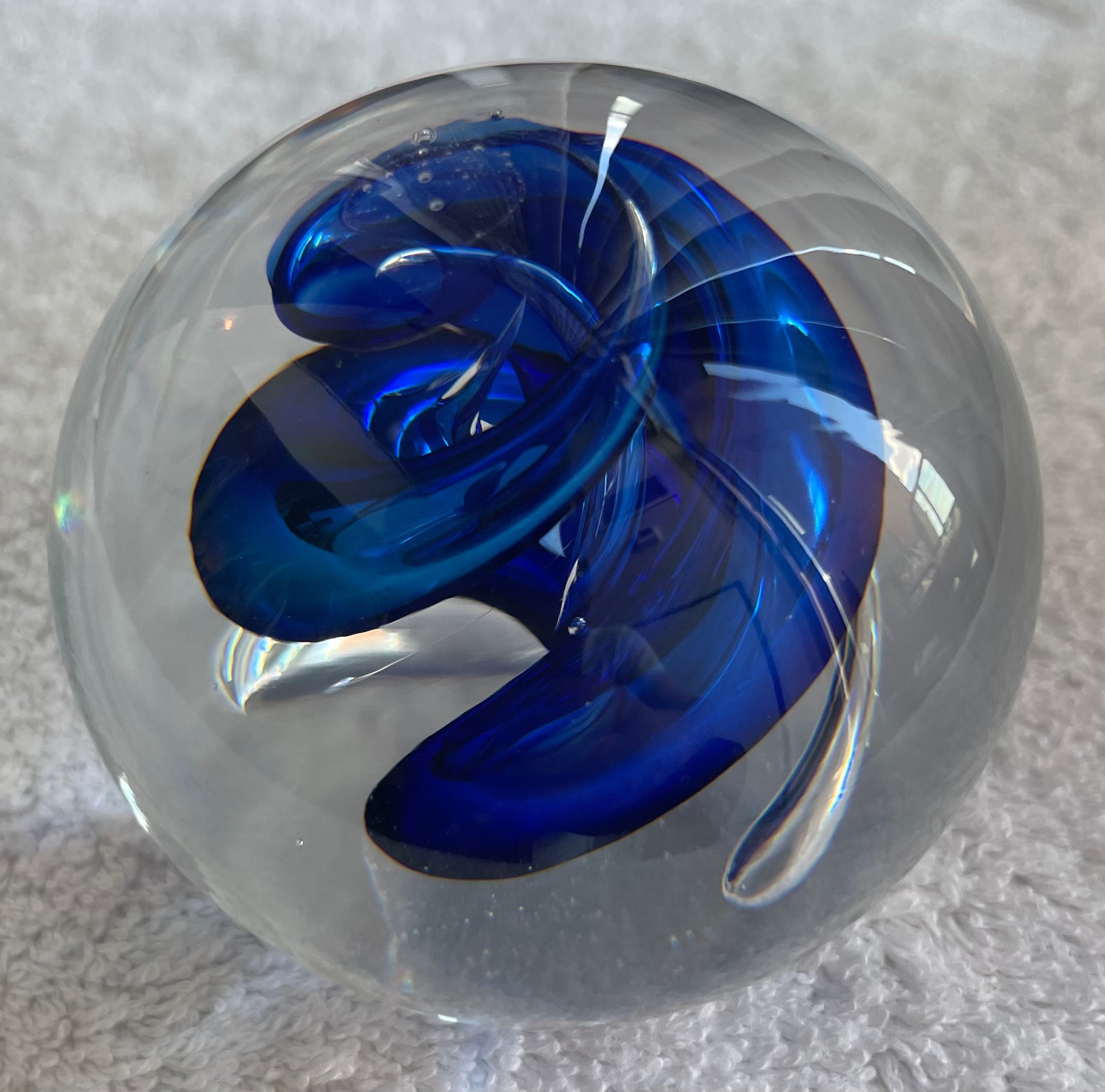 Signed Marian Pyrcak Polish Art Glass Paperweight - Blue Swirl