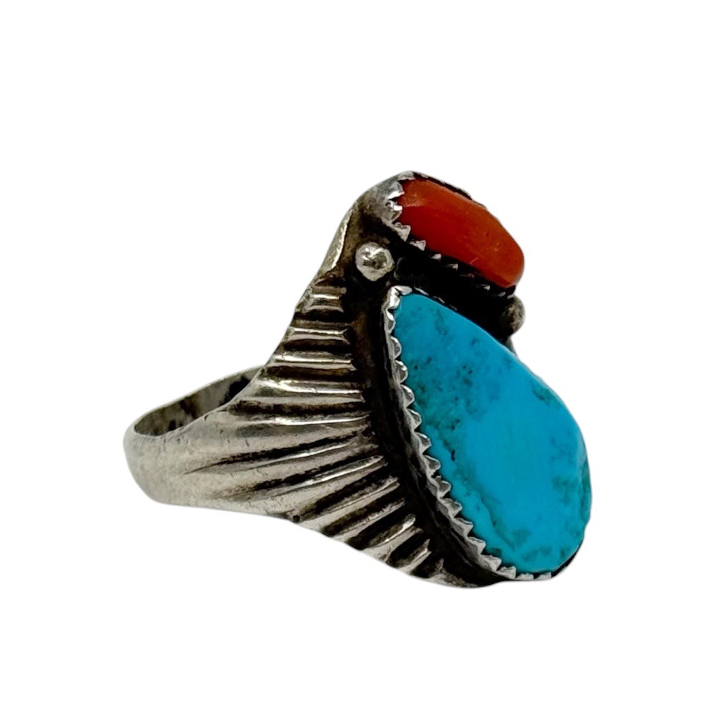 Navajo sterling silver turquoise & coral ring - photo 4