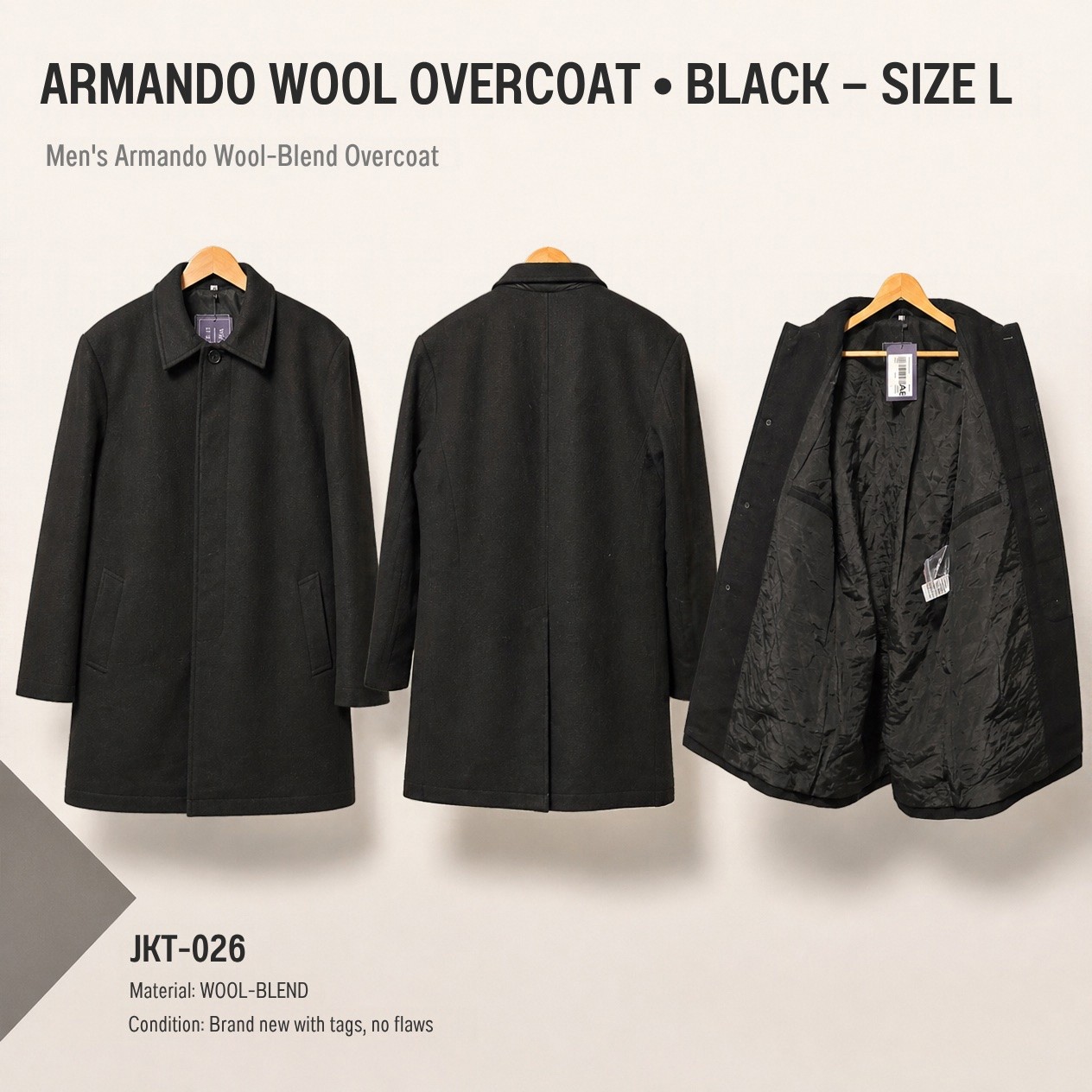 JKT-026 — Men's Armando wool overcoat — brand new, size L