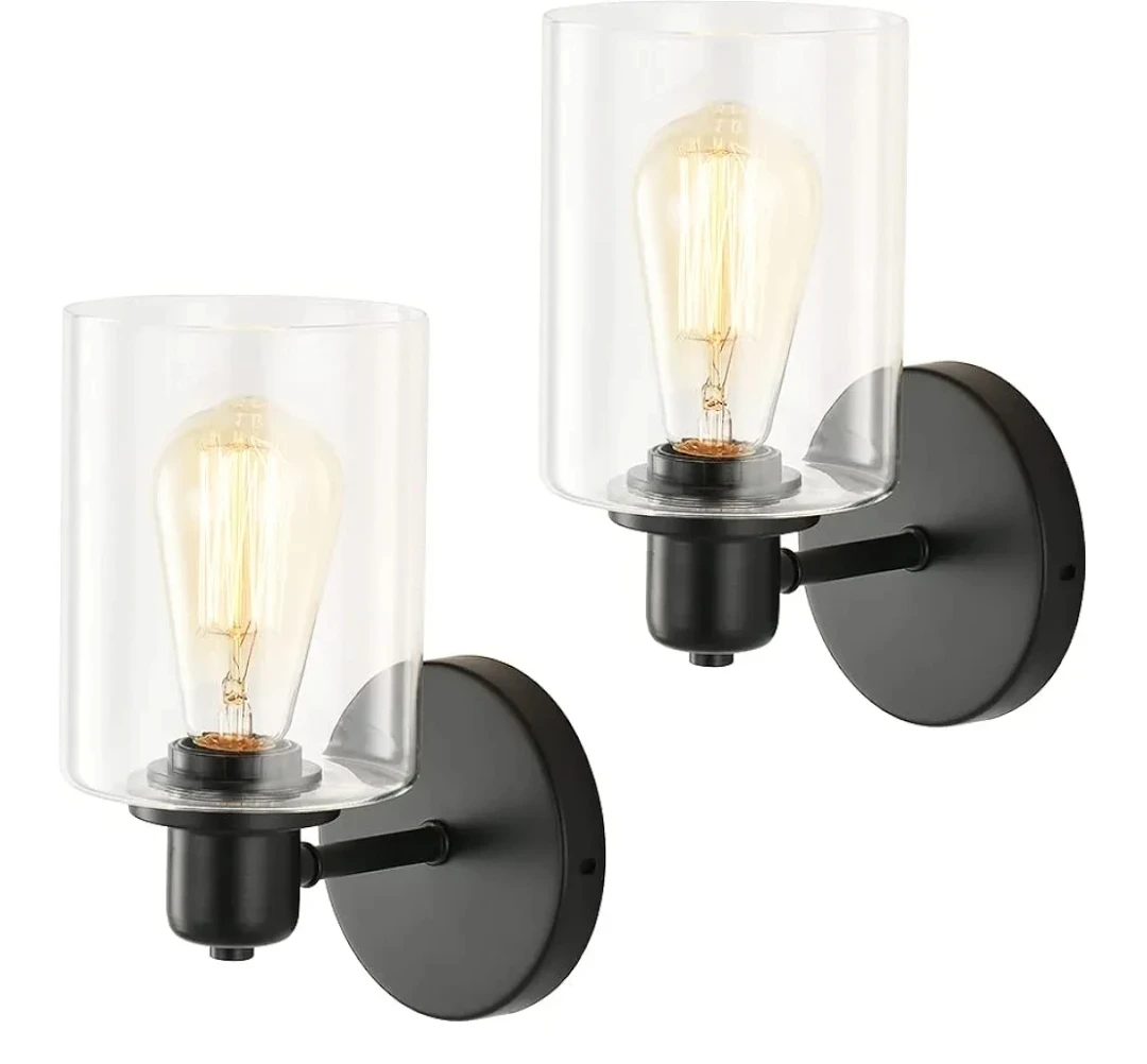 A Pair of Black Wall Sconce with Clear Glass Shade