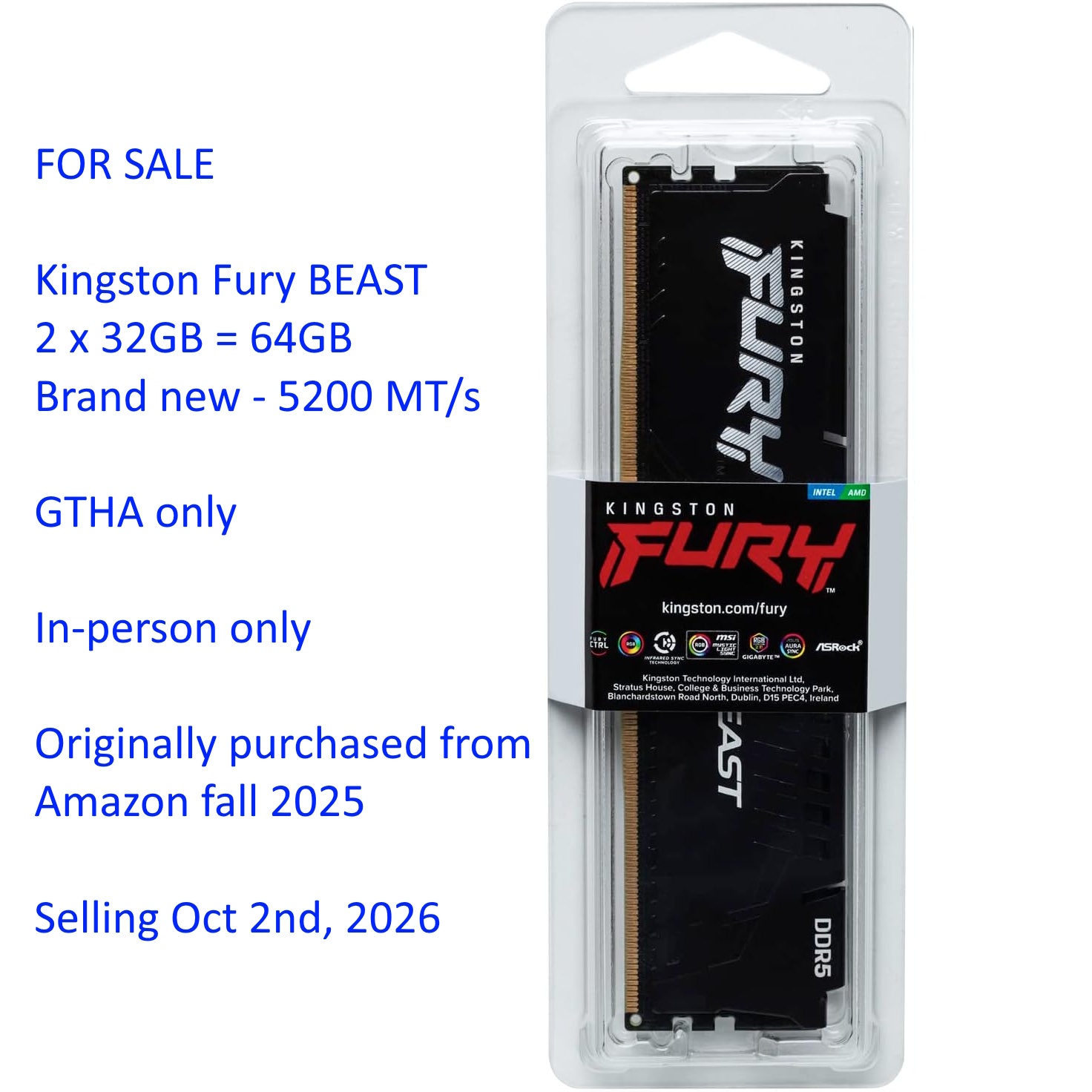 64GB DDR5 RAM - Kingston Fury BEAST (5200mt/s) - 2 x 32GB