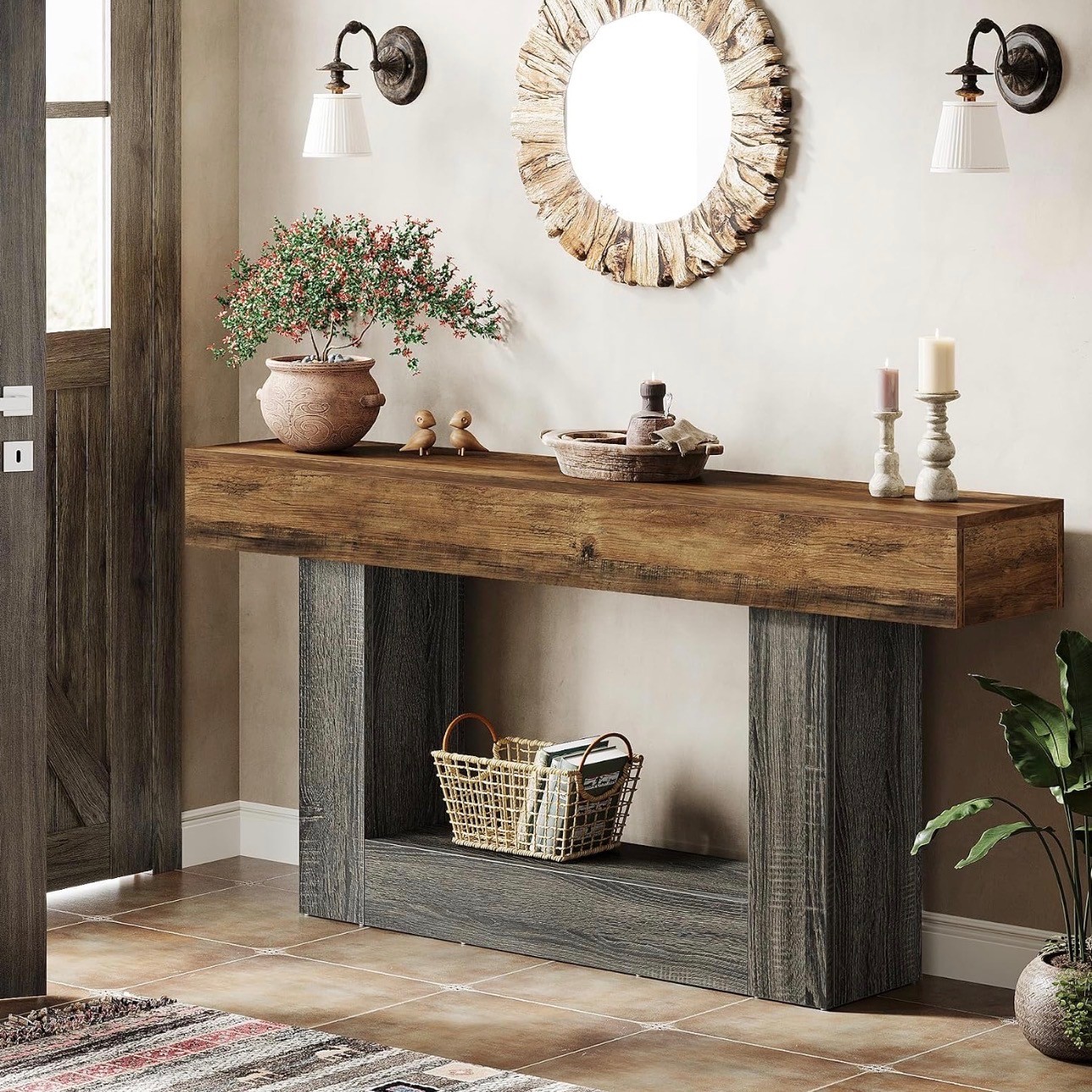 63" Two-Tone Console Table – Rustic Brown & Grey, New - photo 2