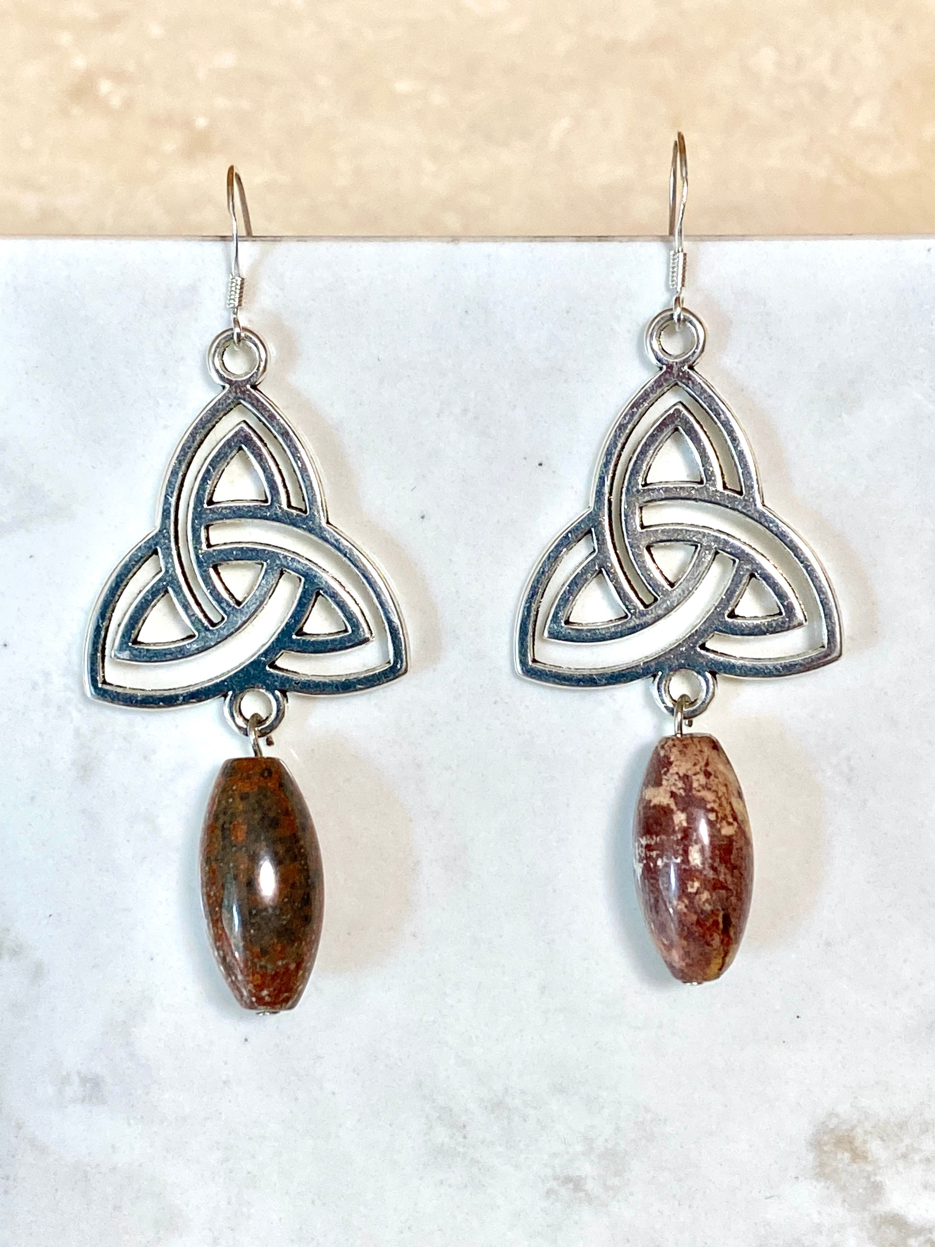 Earthy Convoluted Jasper Triqueta Earrings, Sterling Silver Hook