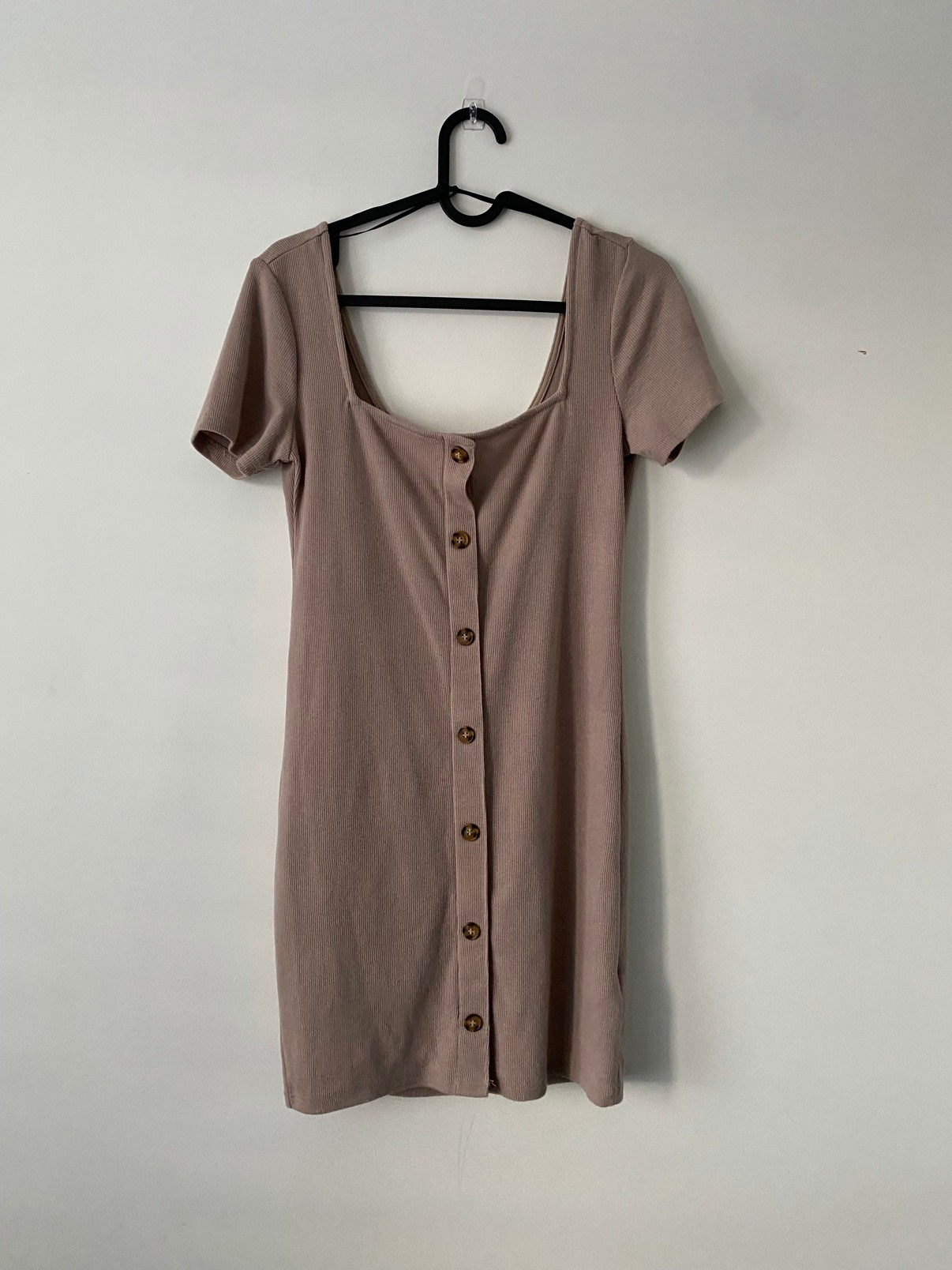 H&M Ribbed Button-Front Mini Dress — Taupe, Size S - photo 2