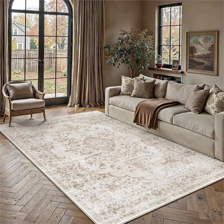 New - 6x9 Washable Area Rug / Carpet - Taupe Vintage