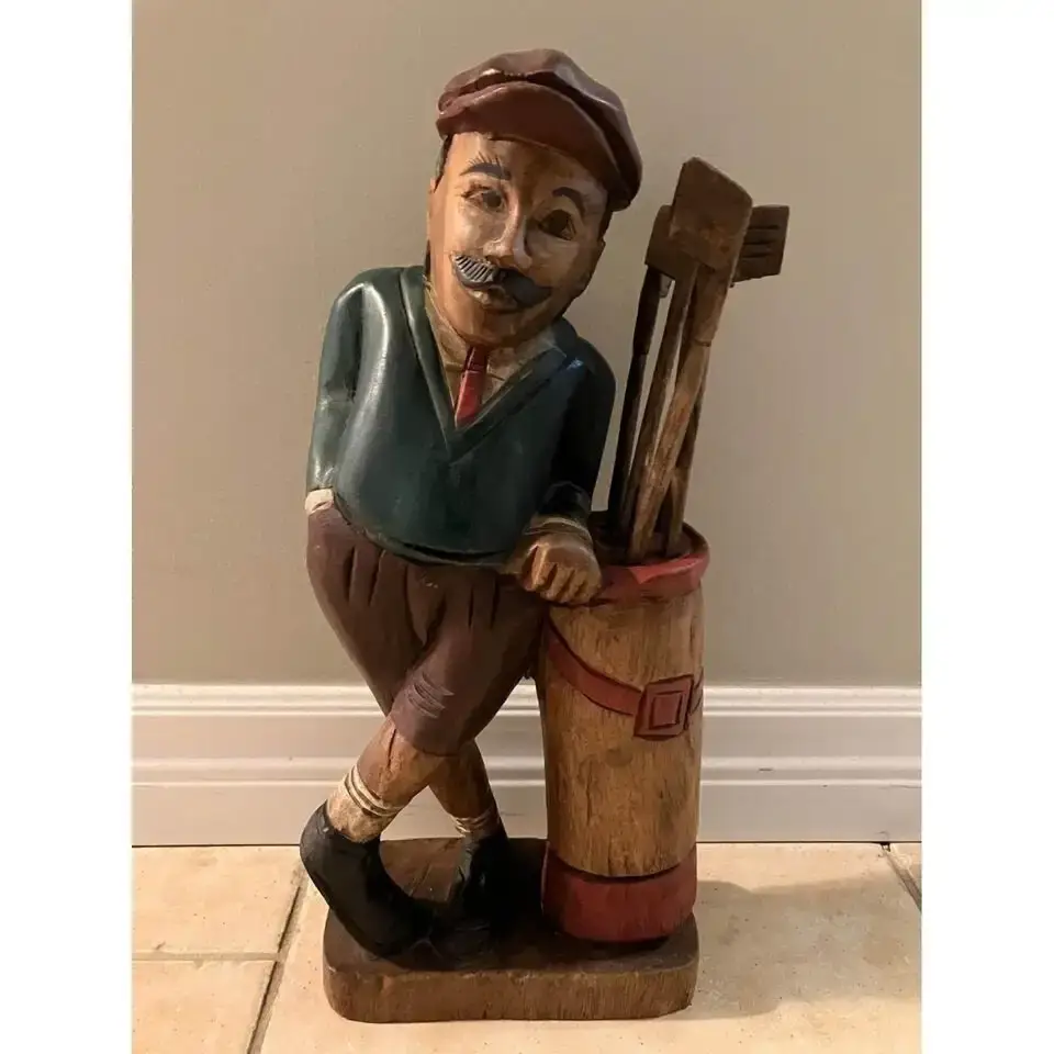 16” Tall Beautiful Vintage wooden carved golfer statue figurine