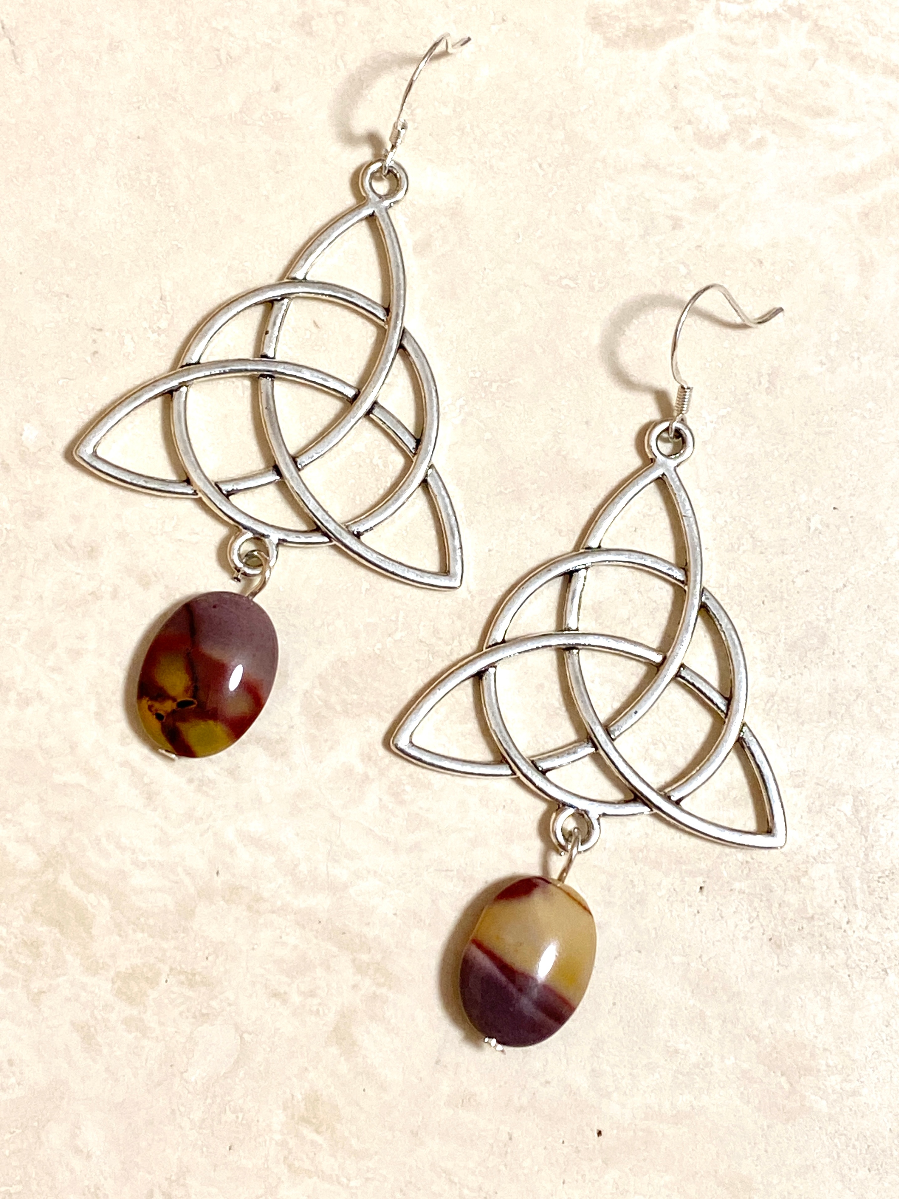 Genuine Earthy Mookaite Celtic Trinity Earrings, 925 Silver Hook