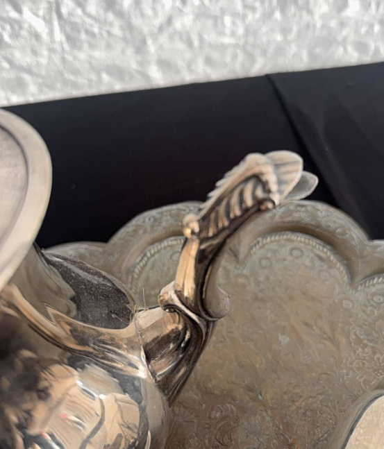 Vintage Silver-Plated Tea & Coffee Pot Set, Engraved Brass Tray - photo 4