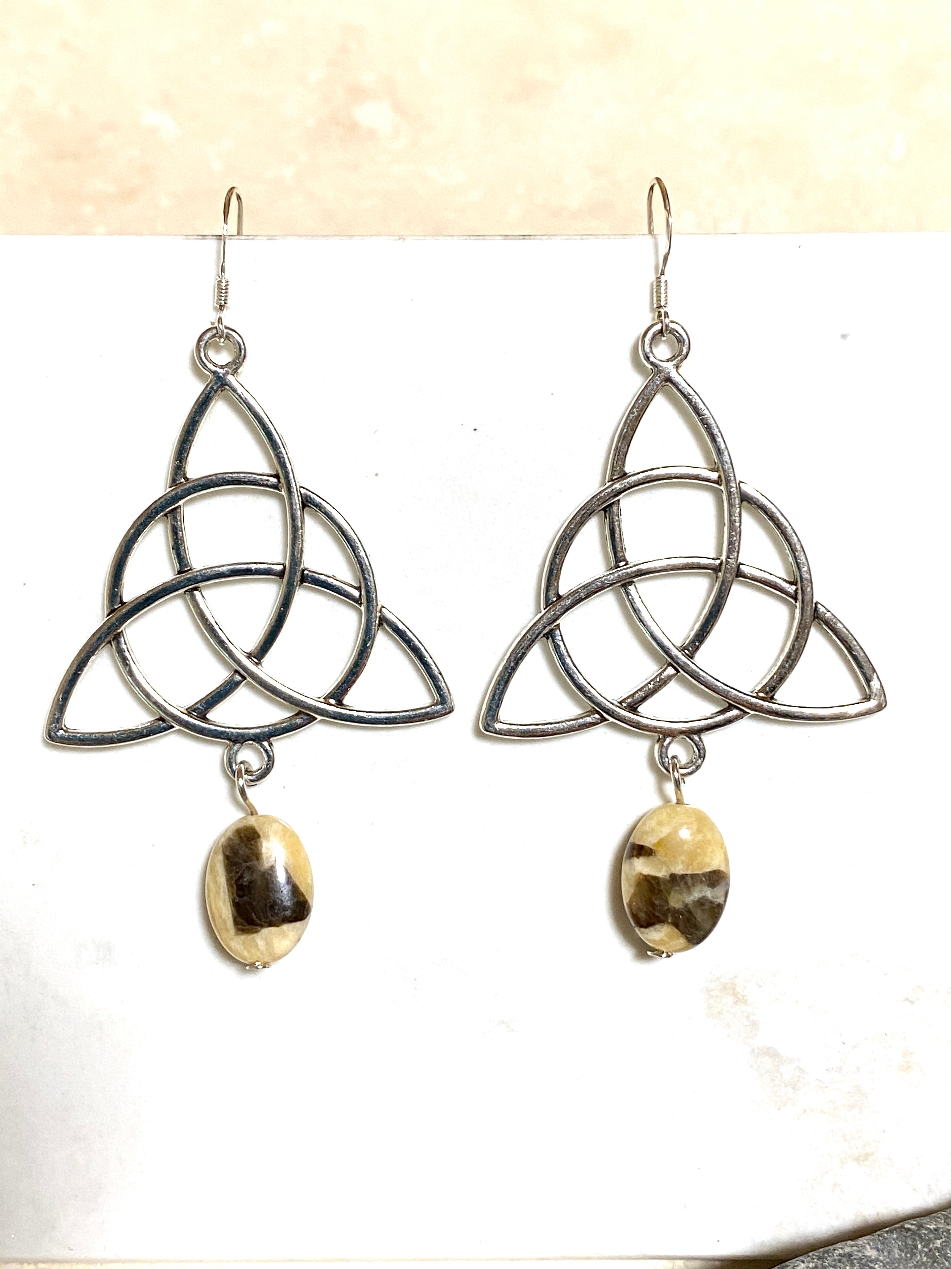 Septarian Stone Celtic Trinity Earrings, Sterling Silver Hook