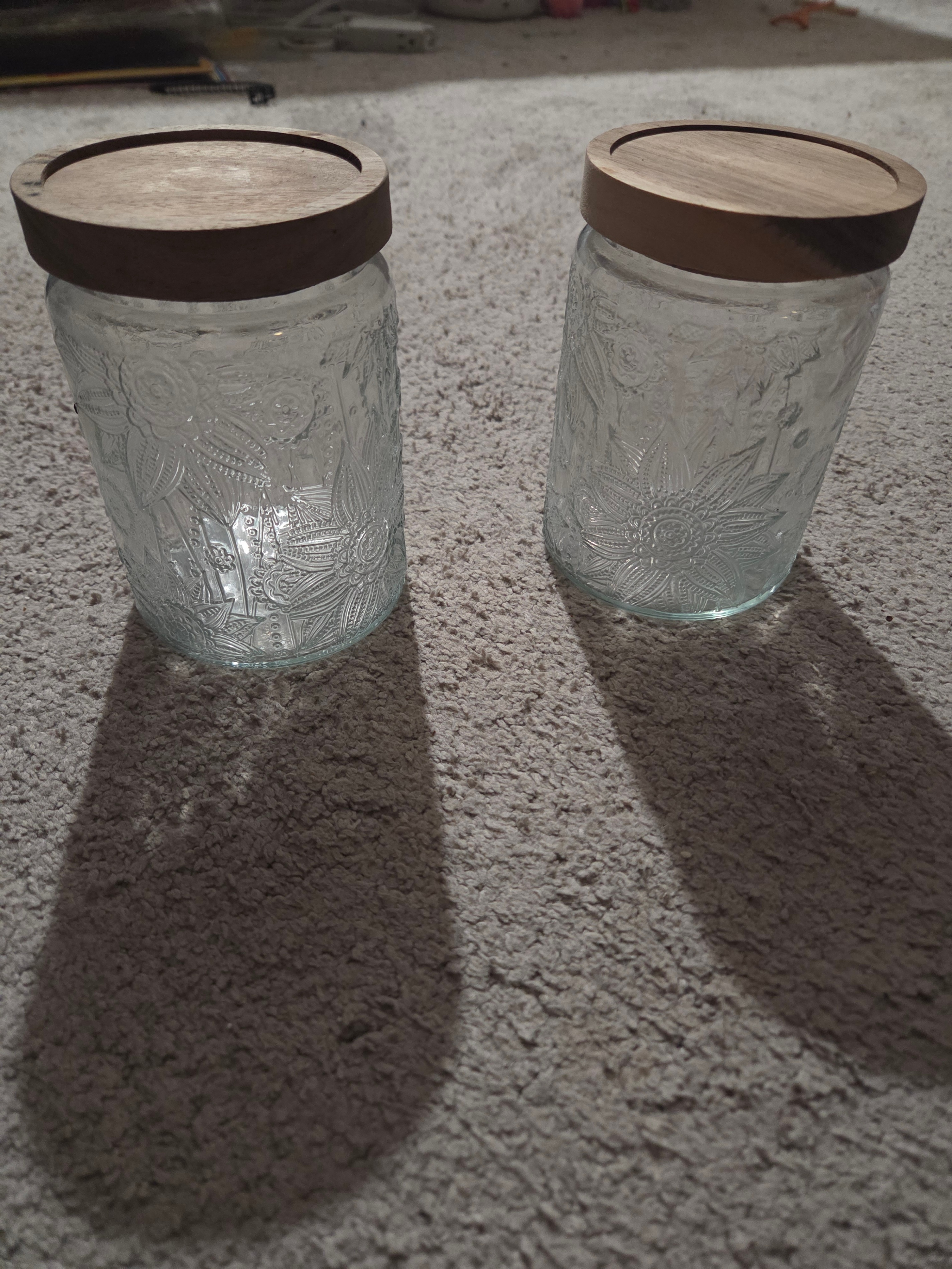 NEW 2 Floral Embossed Glass Storage Jars w/ Wooden Lids (4x5.5")