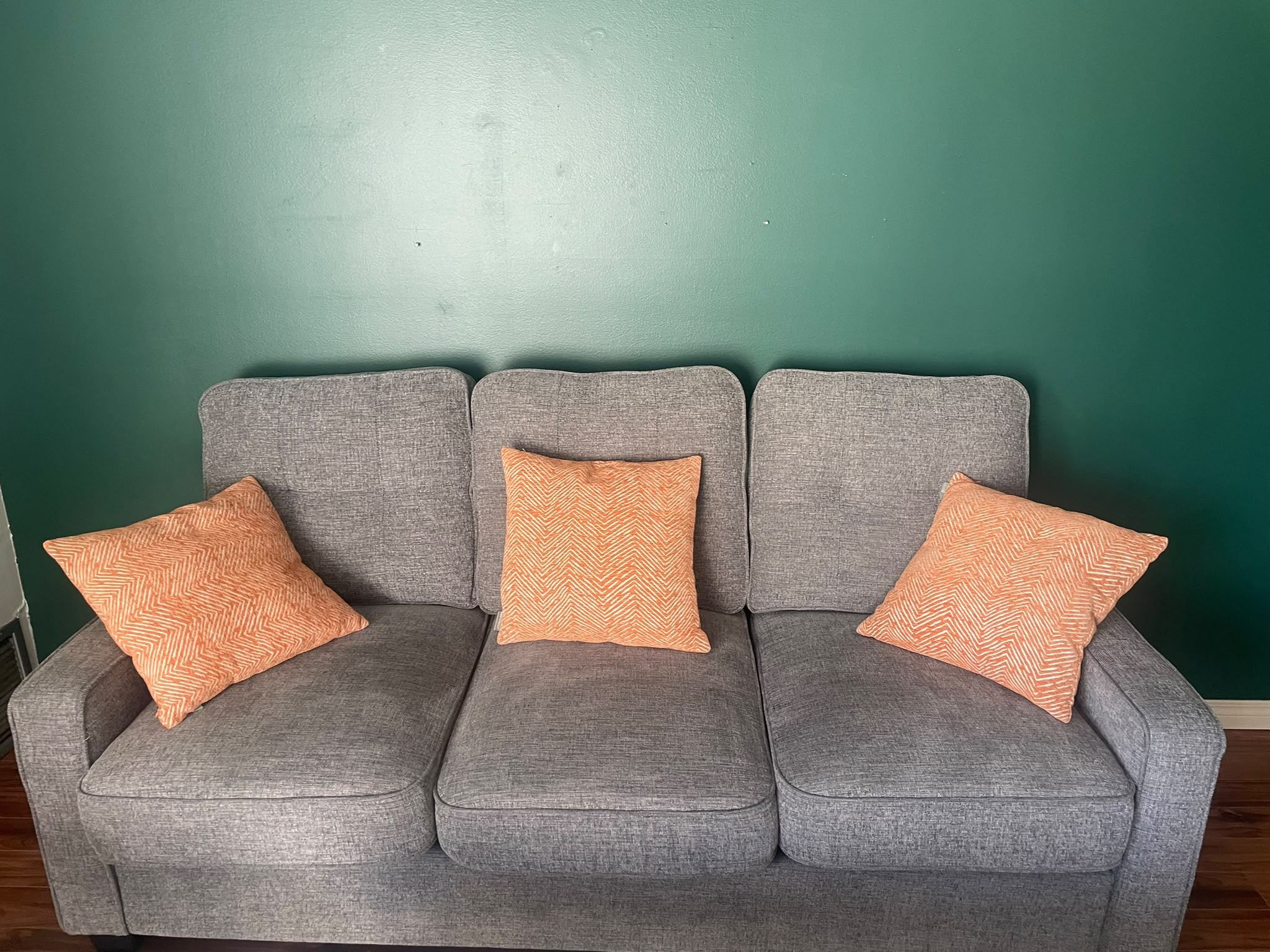 Grey 3-Seater Fabric Sofa with 3 Throw Pillows