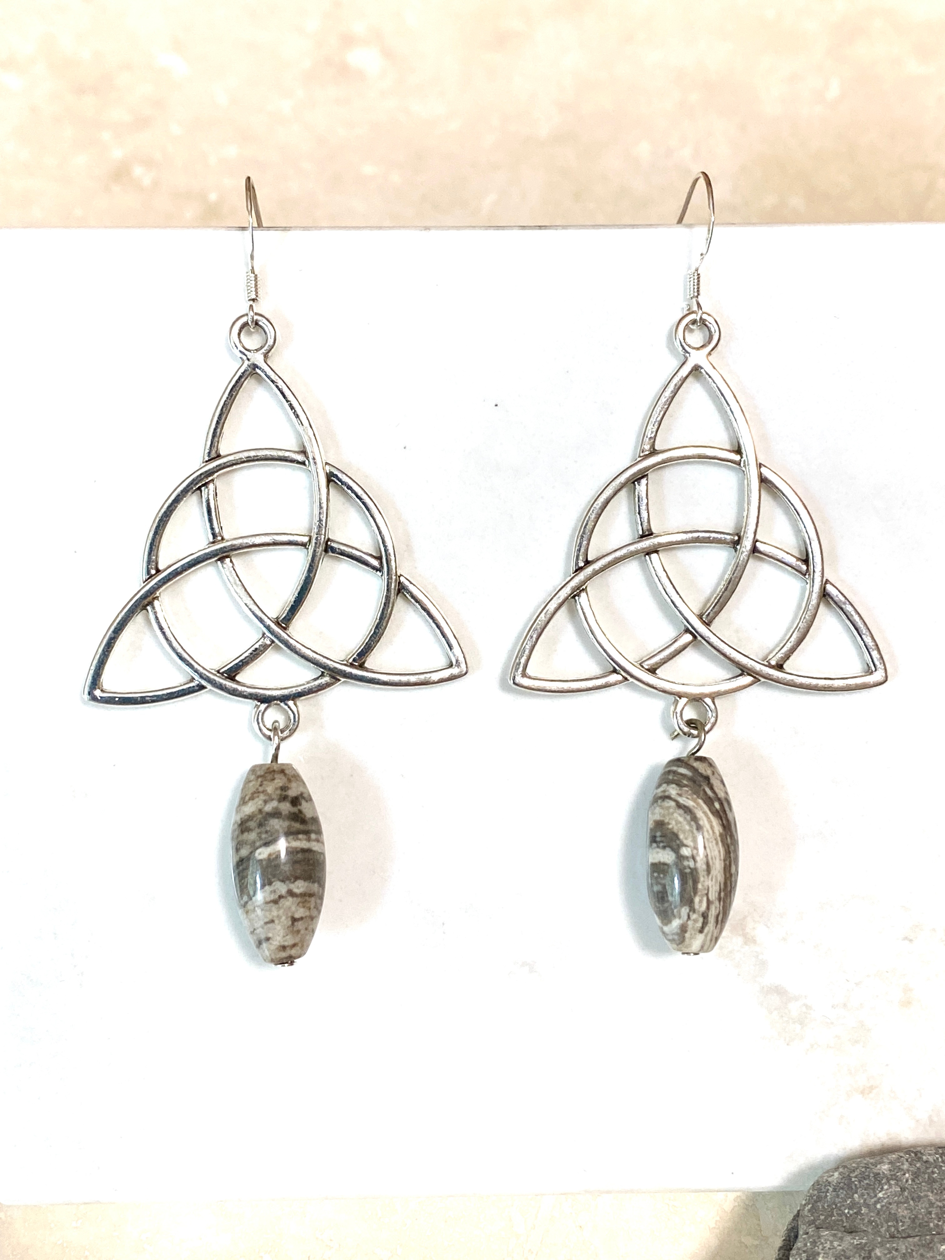 Earthy Picasso Stone Celtic Trinity Earrings, 925 Silver Hooks - photo 2
