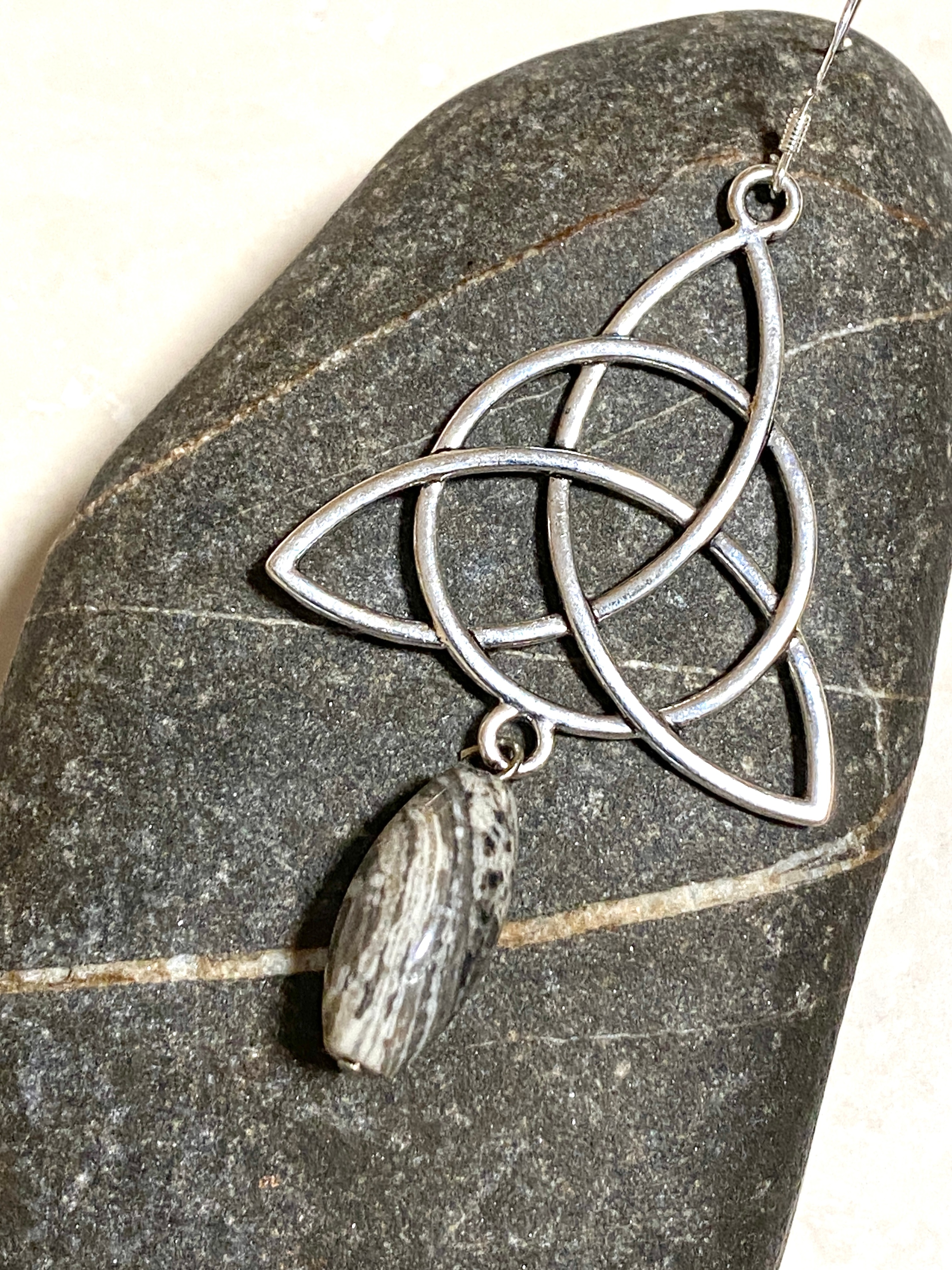 Earthy Picasso Stone Celtic Trinity Earrings, 925 Silver Hooks - photo 3