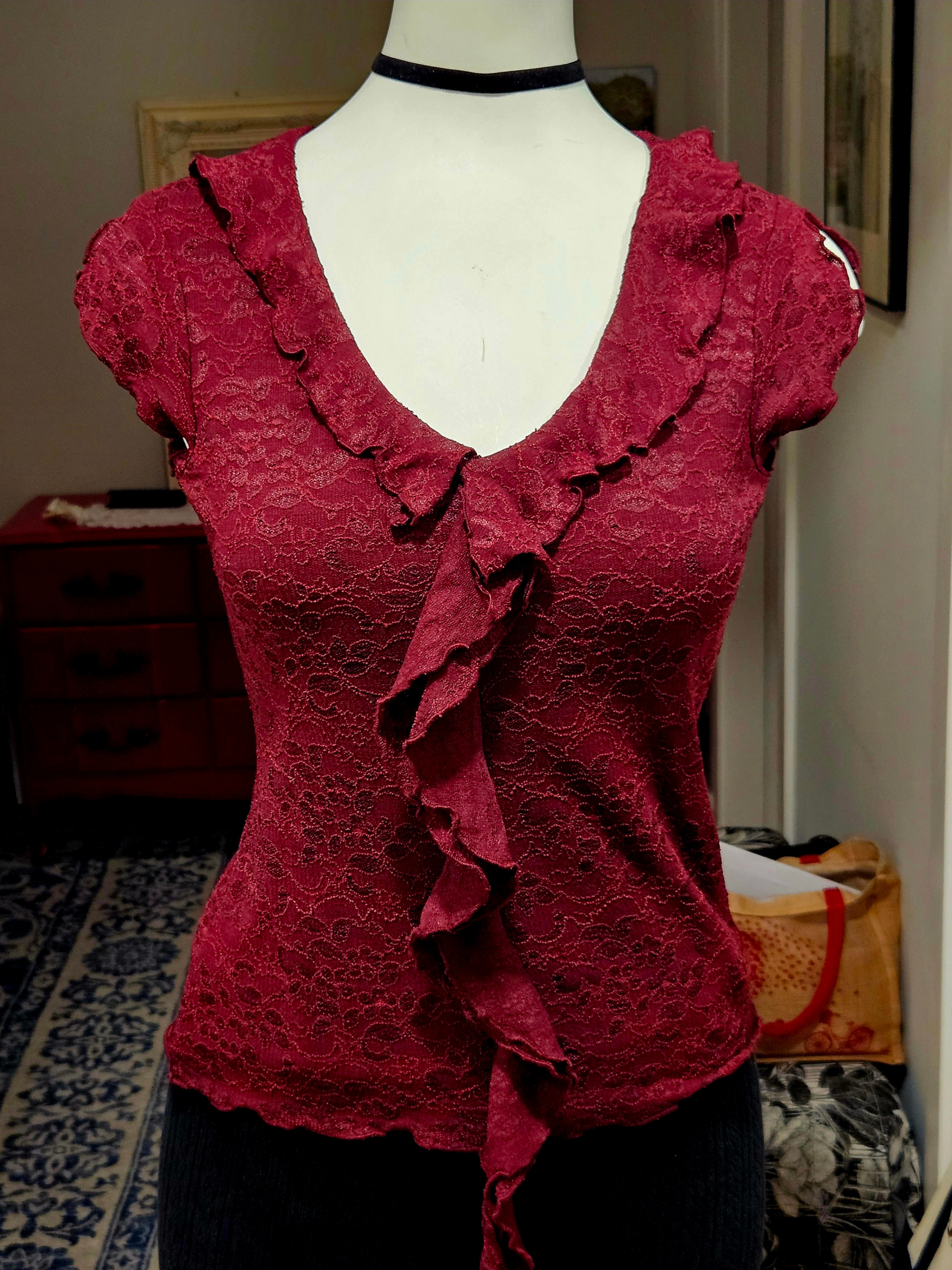 Burgandy lace mesh blouse with ruffle centre