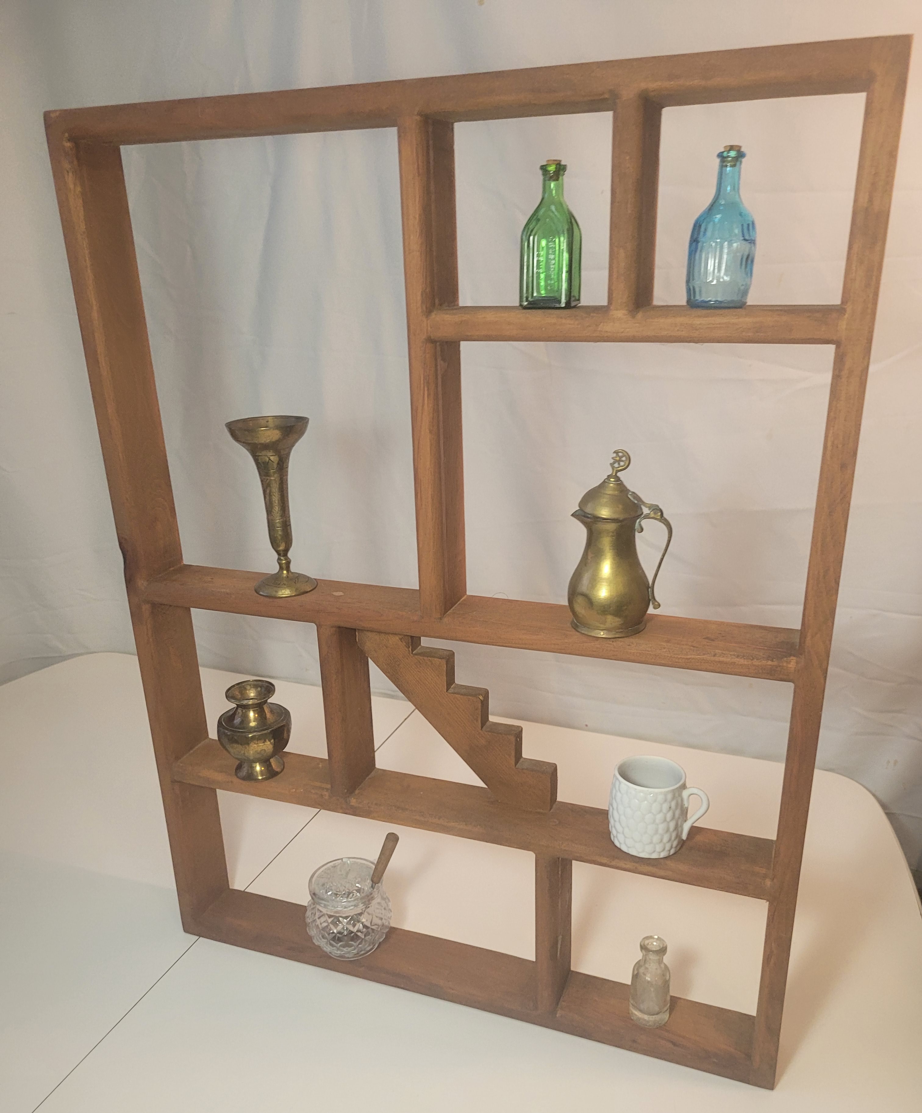 1970s Wooden Shadow Box Wall Shelf with Decorative Miniatures