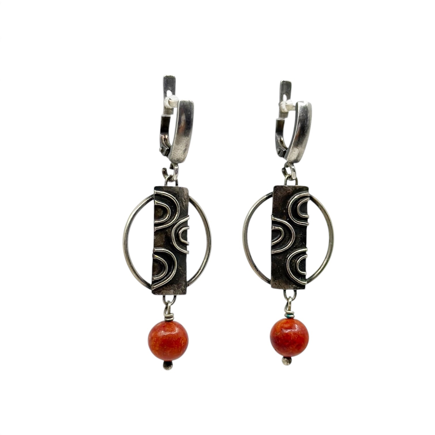 Modernist Hand Made sterling silver sponge coral drop earrings - photo 2