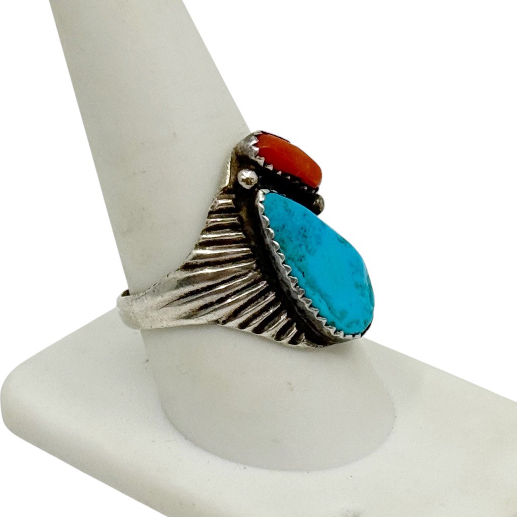 Navajo sterling silver turquoise & coral ring - photo 2