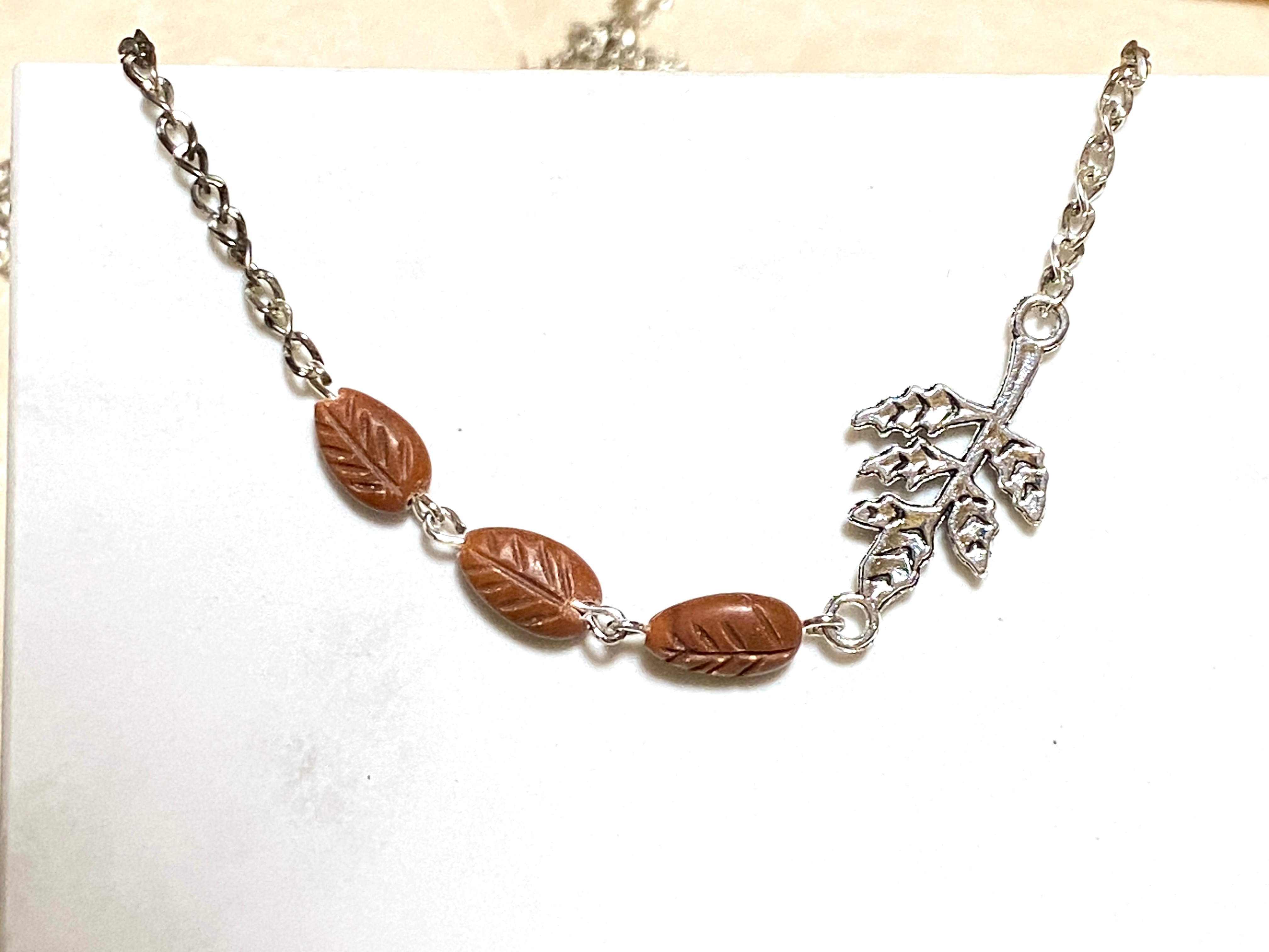 Brick Red Jasper Leaf Branch Short Necklace, Stainless Chain
