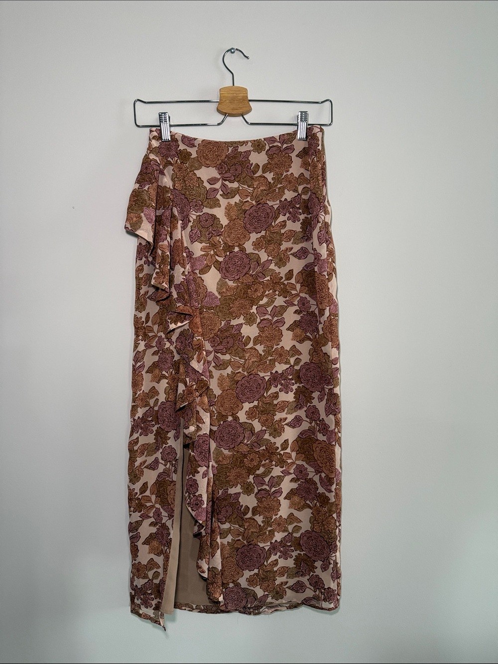 NWT Dynamite Slit Floral Ruffle Maxi Skirt - Pink & Brown