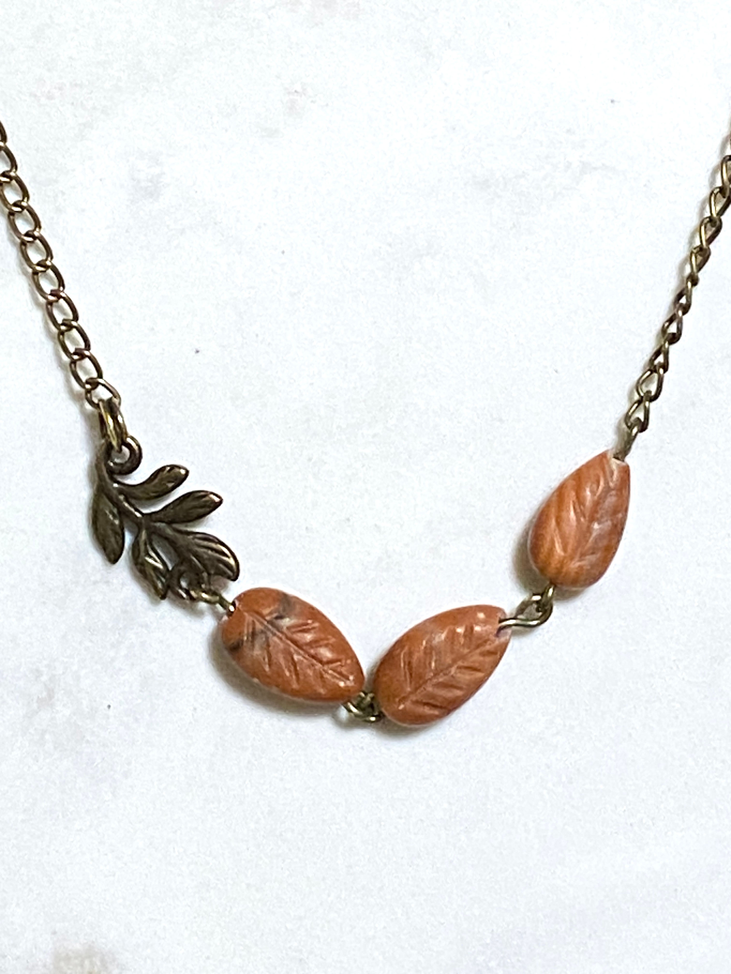 Brick Red Jasper Leaf Branch Short Necklace, Bronze Chain