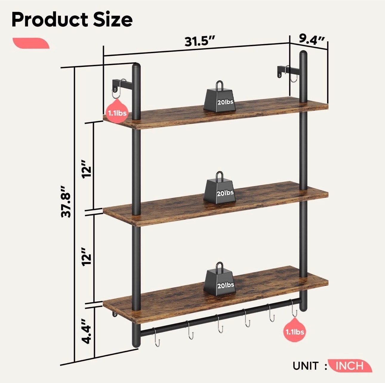 Industrial 3-Tier Wall Shelf with Hanging Rail – Brand New - photo 5