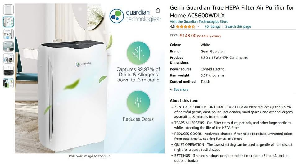 Air Purifier, Germ Guardian True HEPA Filter Air Purifier