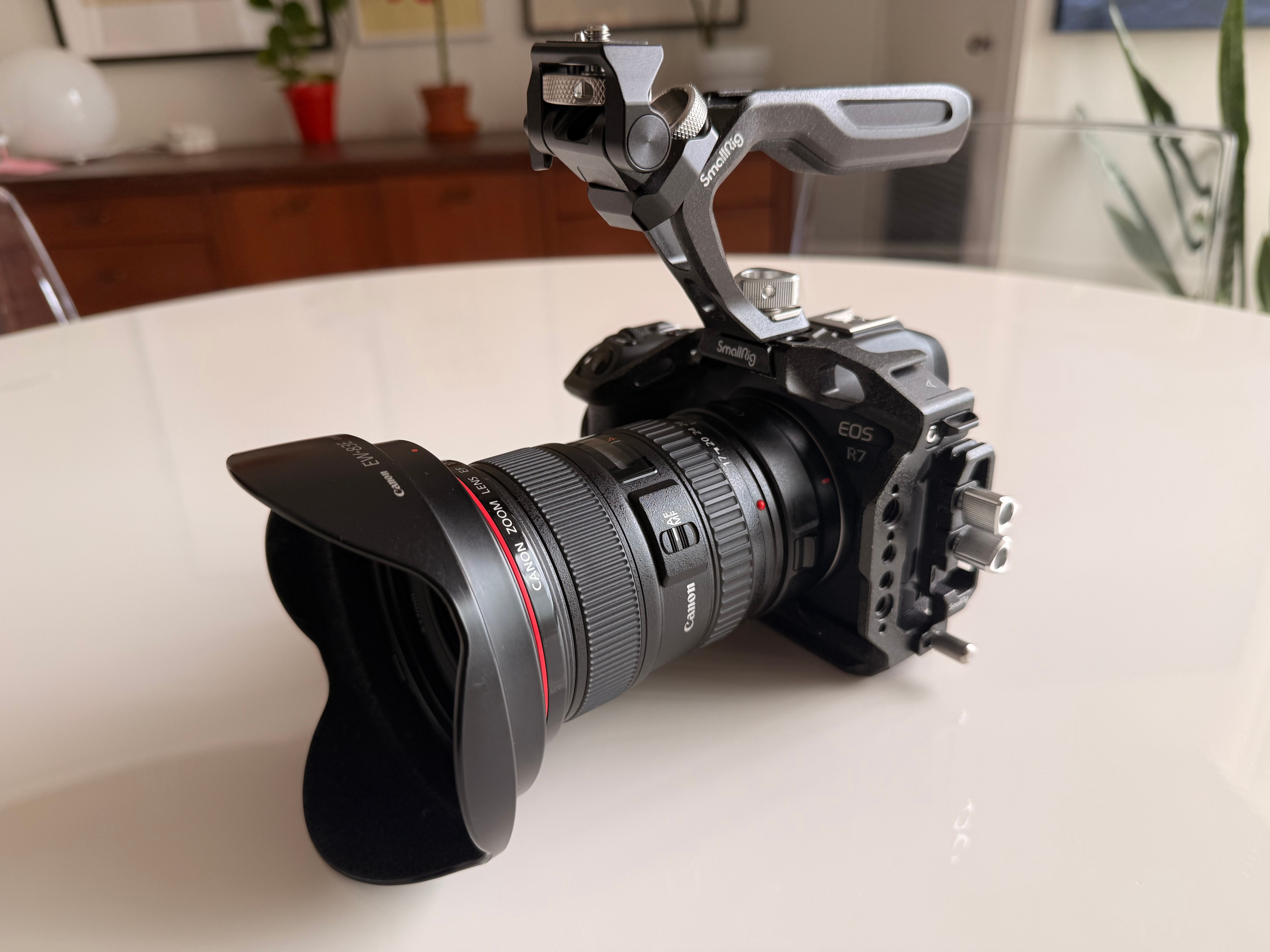 Canon EOS R7 Camera, SmallRig Cage, EF 17-40 L, & mount adapter
