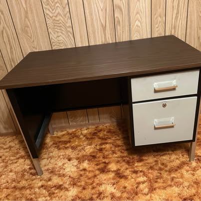 Mid-Century Modern Wood Laminate and Metal Office Desk